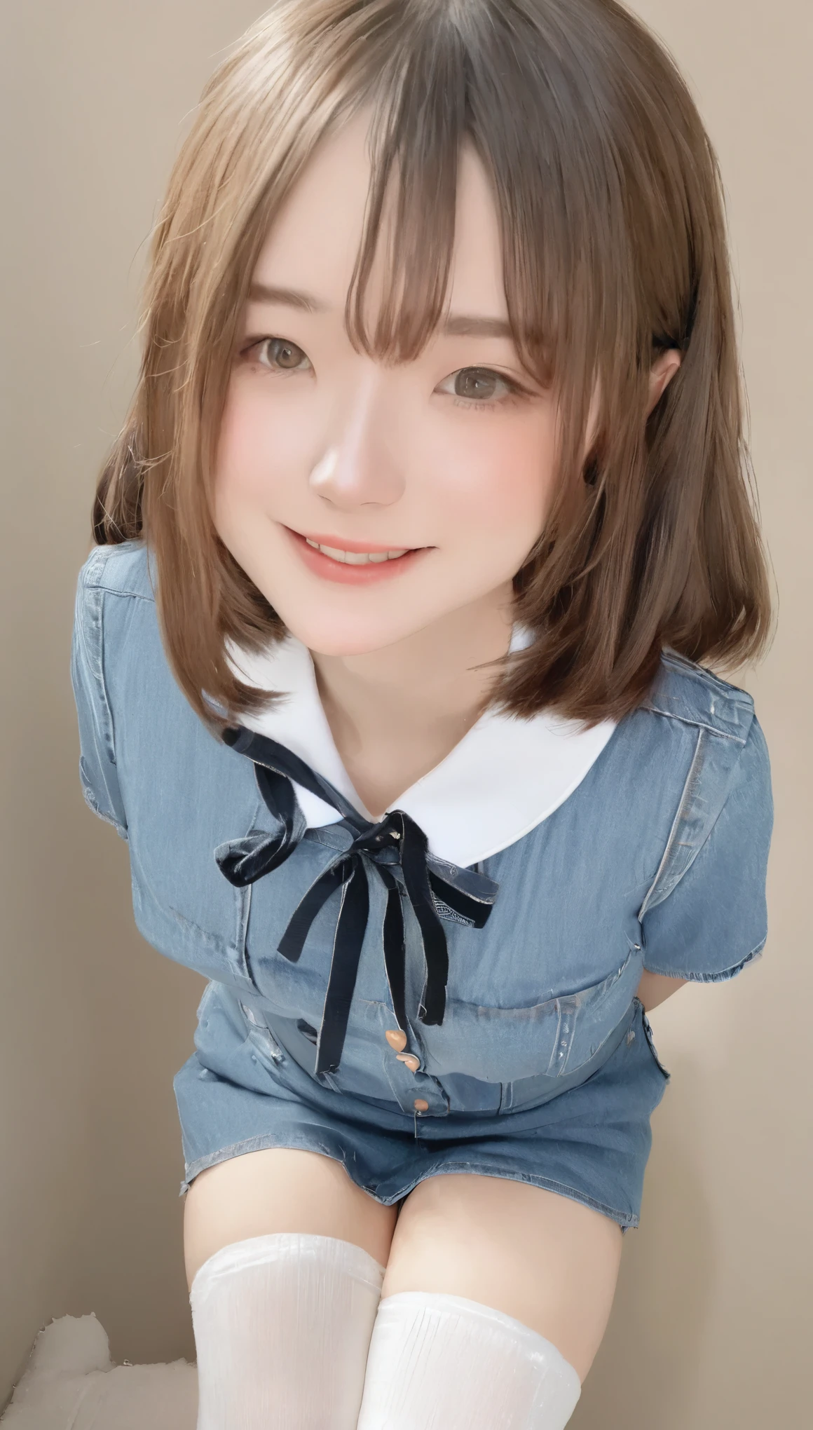 4K, masterpiece, 8k, high quality, 最high quality,10歳のcute少等生, Very white skin, Long brown hair，a bit，Low length，freckles，Thin eyebrows，Straight bangs，(Flat Chest) ，feminine, freckles, Tilt, elegant, elegant, cute, smile, cute, Hilarious, belly button, Denim Low Rise Mini Skirt, ((Black knee socks)), (Ugly clothes)、((Gray background))