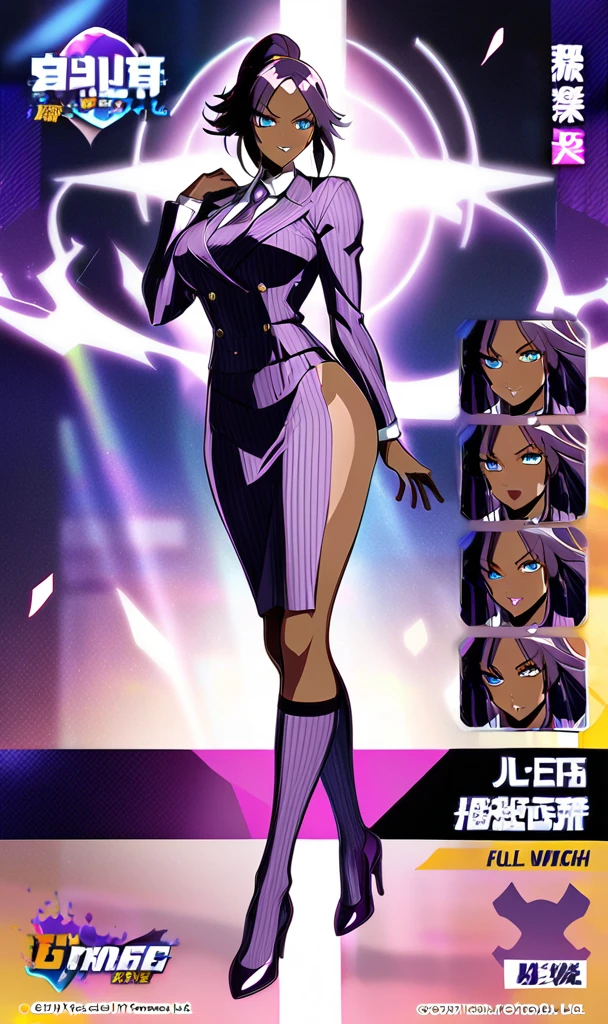Full body Yoruichi as a thin Black business woman in a double breasted pinstripe purple skirt suit while wearing a tie with a knee long purple pinstripe tight skirt and with purple knee socks with purple heels full art