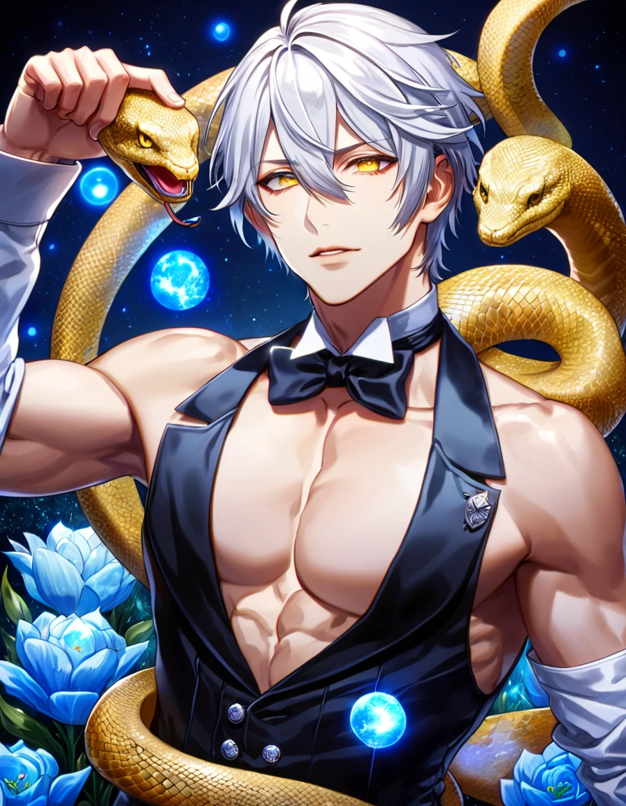 absurdres, highres, ultra detailed, HDR, master piece, best quality, Snake, white hair, hair between the eyes, expressive yellow eyes, kuroshitsuji, solo, sexy man, handsome, toned chest, black butler clothes, blue moon, starry, blue fireflies, blue flowers, magical, fantasy