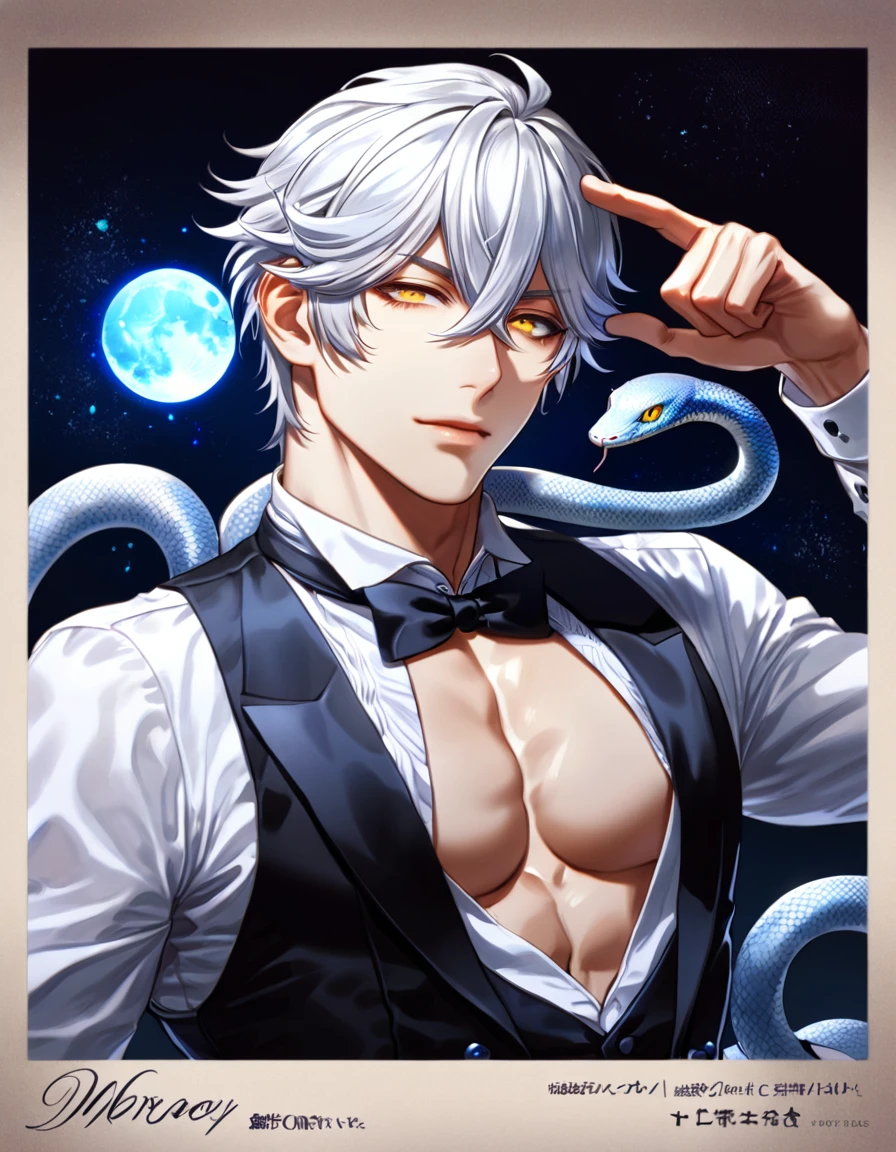 absurdres, highres, ultra detailed, HDR, master piece, best quality, Snake, white hair, hair between the eyes, expressive yellow eyes, kuroshitsuji, solo, sexy man, handsome, toned chest, black butler clothes, blue moon, starry, blue fireflies, blue flowers, magical, fantasy