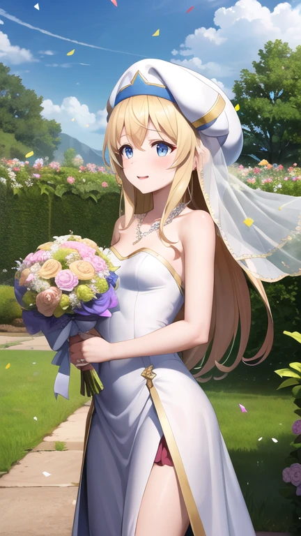 masterpiece, best quality, highres, aapri, long hair, white headwear, small breasts, wedding dress, strapless, necklace, standing, cowboy shot, garden, confetti, holding bouquet,