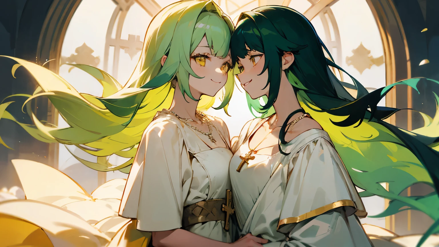Perfect Face, long blackish green hair, yellow eyes, collarbone, beautifui white Court dress,a cross necklace,smile