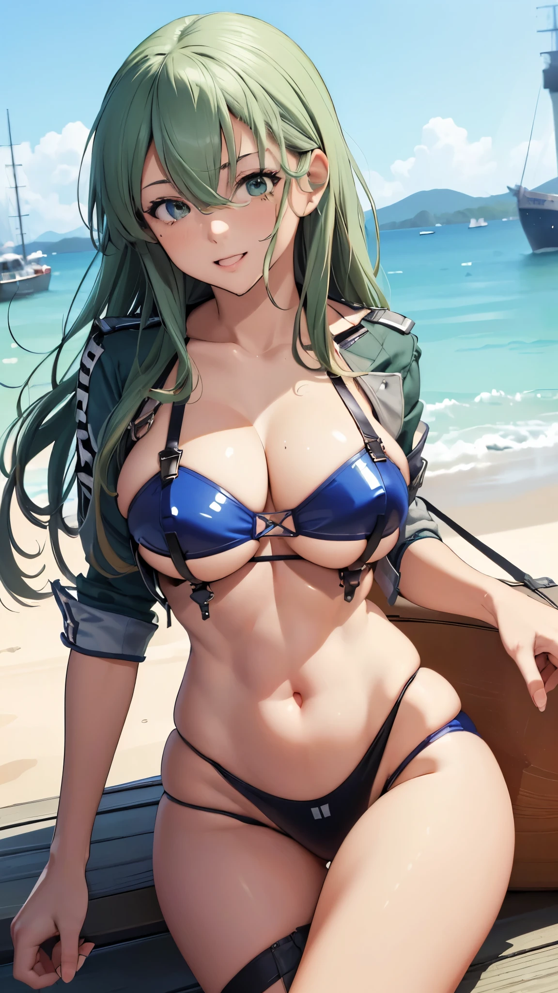 (((masterpiece))),(((High resolution)))、(((8K)))、(((perfect face)))、(((Suzuya-Kancolle)))、30 years old、(((beautiful face)))、(sexy bikini), look at the camera, thighs、((top quality eyes)), detailed texture, ((high resolution face)), (big tits), (plump)