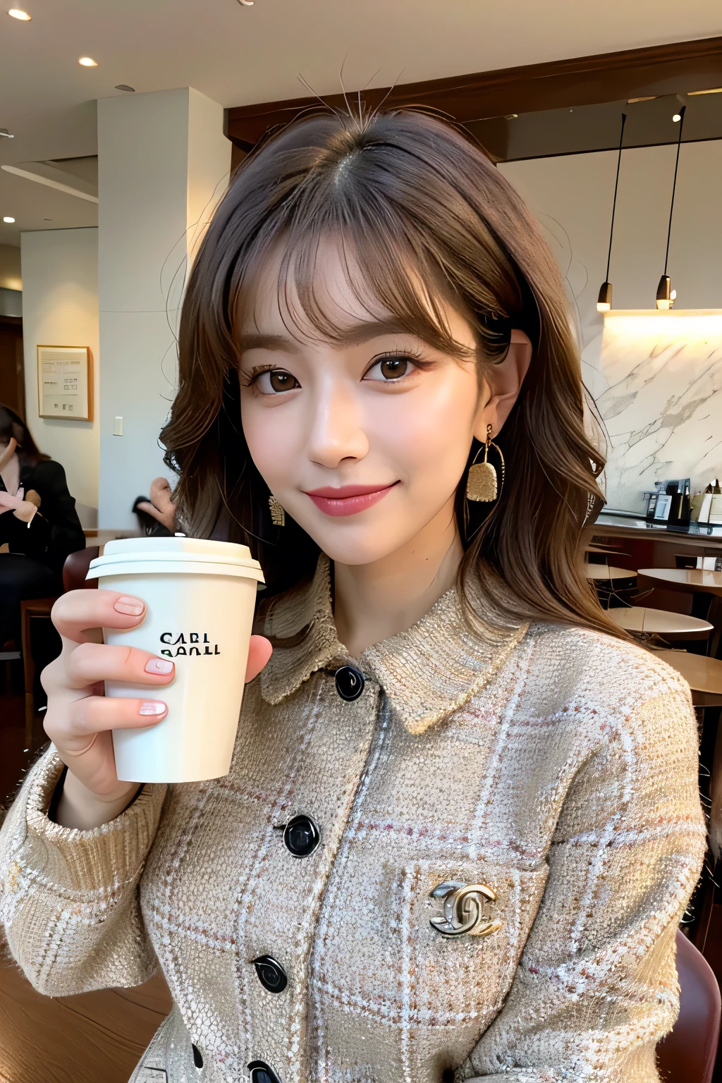 ((highest quality)), ((masterpiece)), (detailed), Perfect Face, Modern cafe girl, Tweed pink Chanel outfit, yperdetailed face、A detailed eye、Double eyelids Concrete pouring Korean Style Wavy Hair a smile,  Elegantly at the cafe、Coffee on the table, NO BAG, There is a big coffee cup on the table, Chanel Earrings