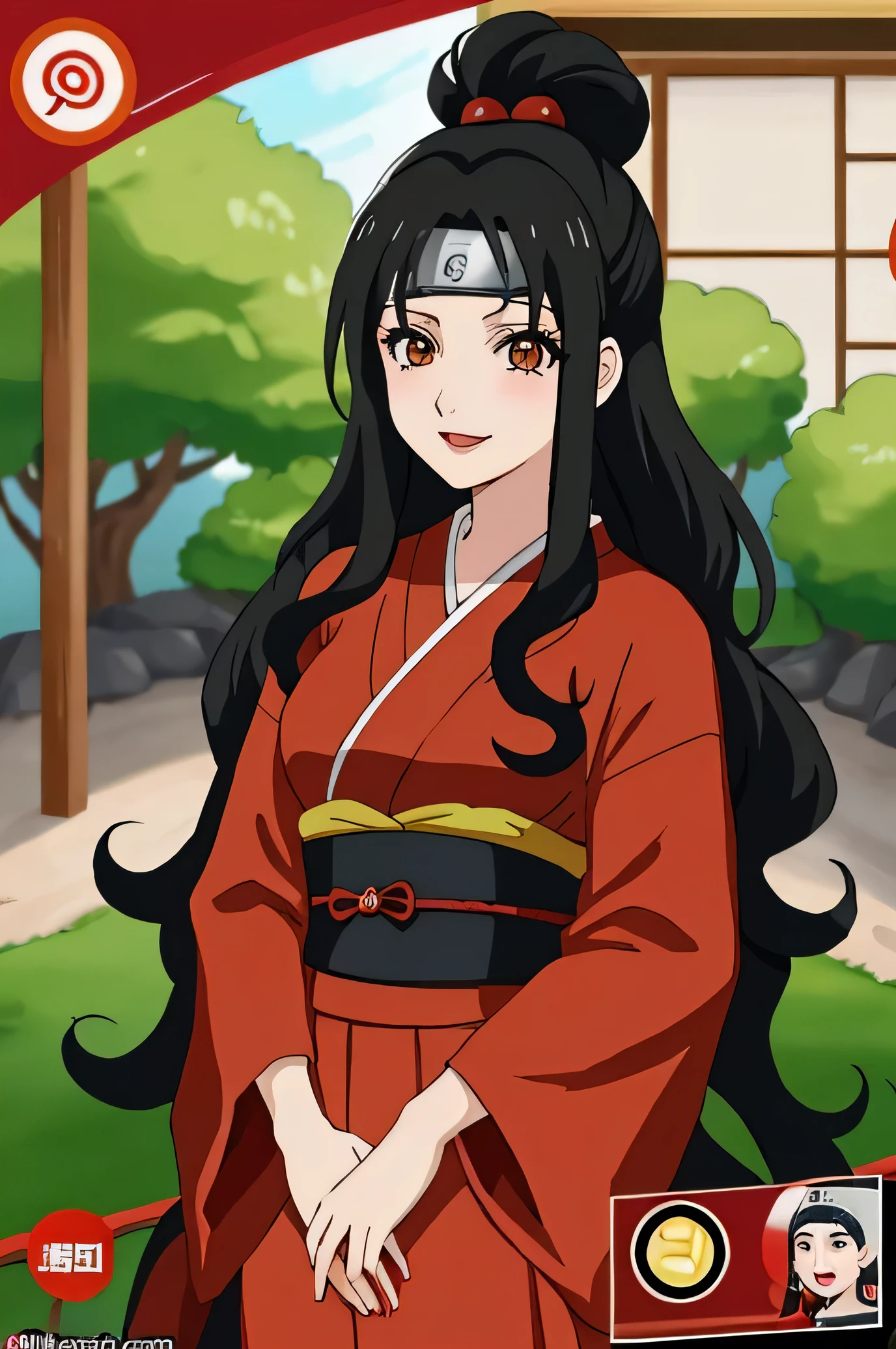 Screenshot from Naruto Shippuden of a age girl, long black curly hair, rubi eyes, wearing a traditional japans princess dress in black, curly body, red lipstick, a slight smile