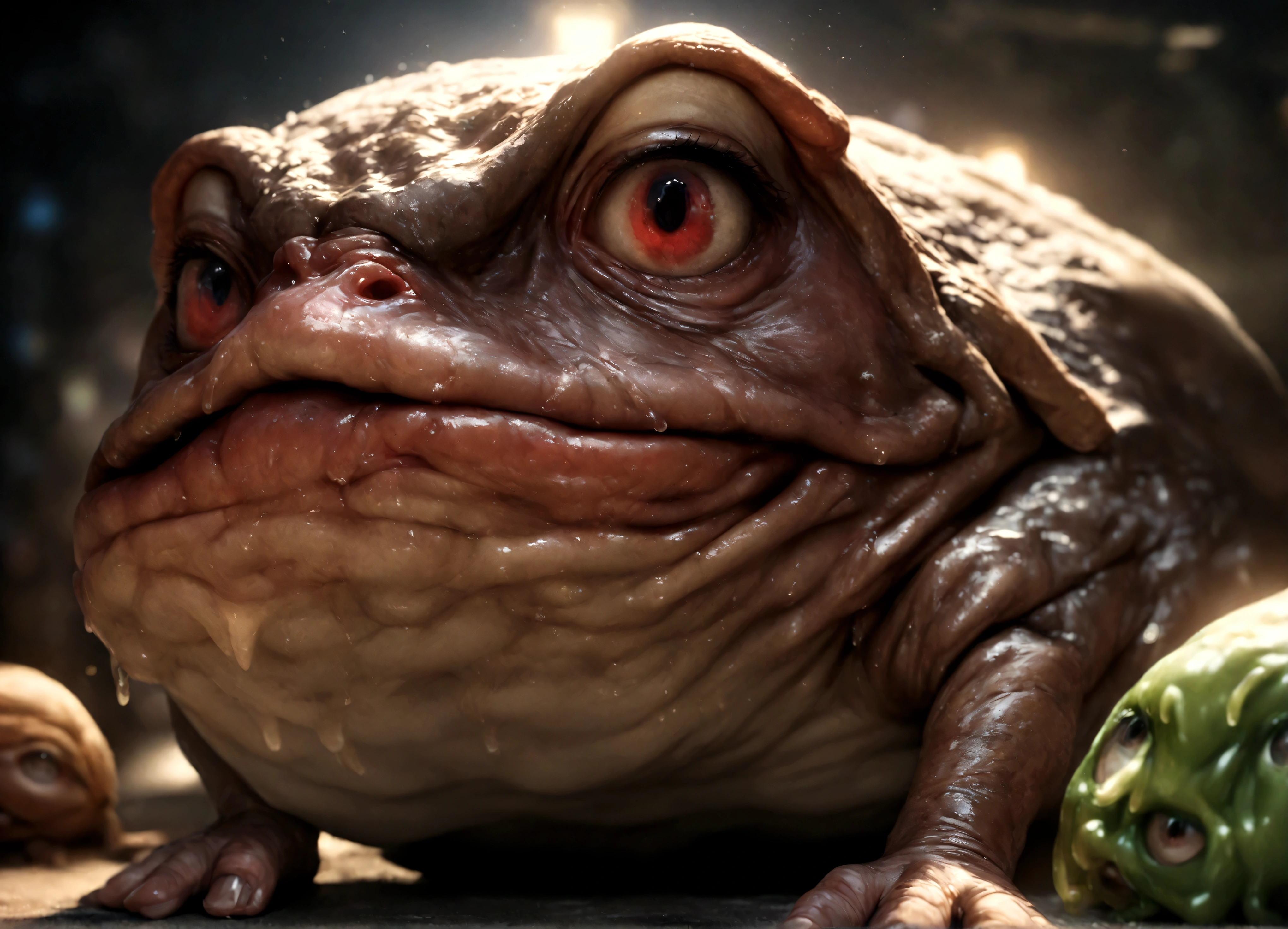 a goblin sized toad, several goblin women, hot ugly, mismatched eyes, mismatched breasts, big butts, ragged cloth tops, short skirts, slimy cavern, best quality, 8k, highres, masterpiece, ultra-detailed, realistic, photorealistic, photo-realistic, HDR, UHD, studio lighting, ultra-fine painting, sharp focus, physically-based rendering, extreme detail description, professional, vivid colors, bokeh, horror