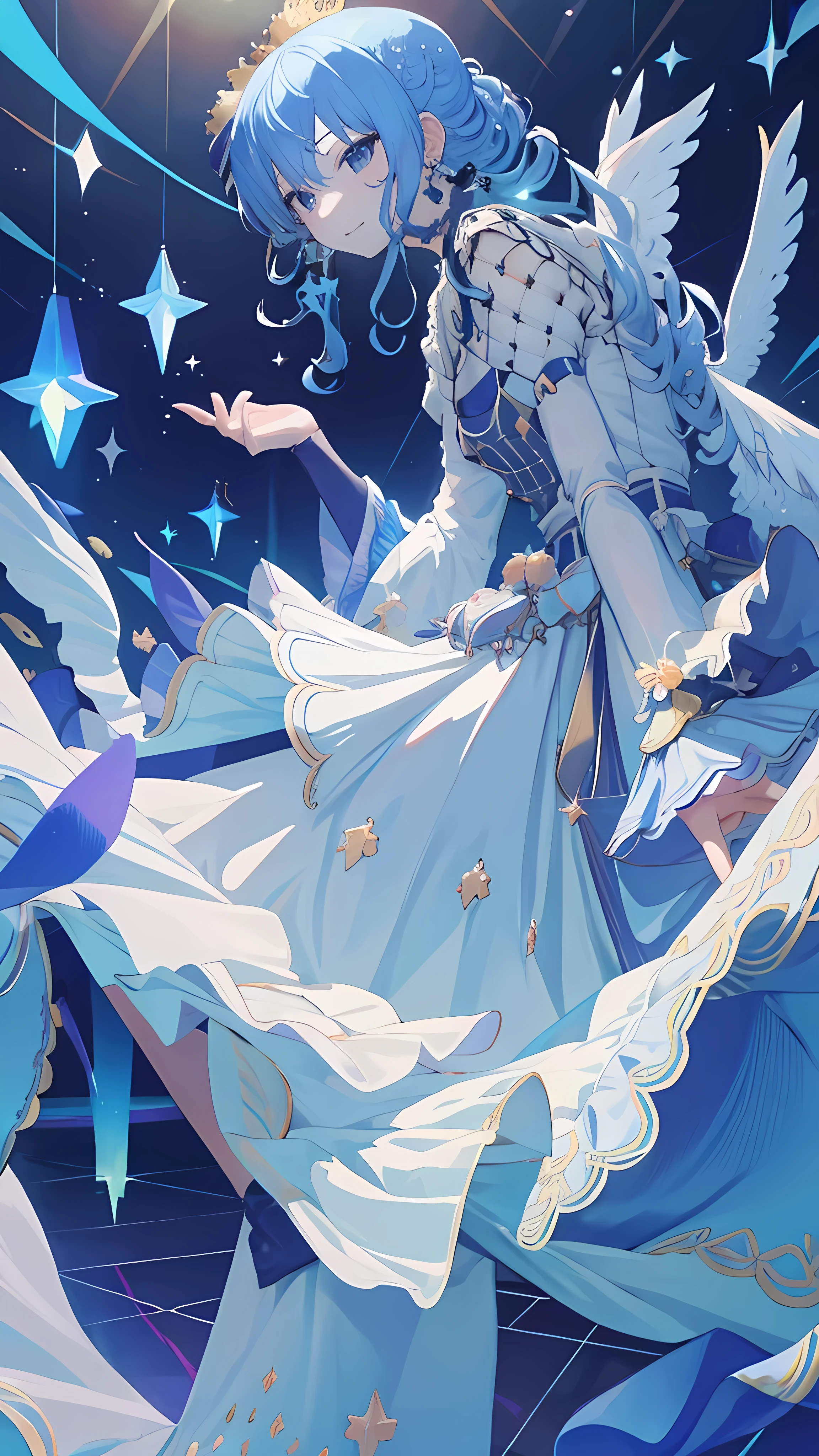 (masterpiece, Very detailed, Exquisite, beautiful, Full HD, High resolution, Confused), Soft Edge, Soft lines, woman, charming princess, Goblins, Happy, fun, smile, Looking at the audience, Wavy Hair, Medium Hair, Big eyes, White skin, beautiful breasts, slim, Sapphire Crown, Sapphire Earrings, sapphire choker, With wings, White Background, Sapphire-themed objects,from before, Dynamic Angle, Dazzling Light, Dramatic lighting, Warm lighting, Soft lighting, Written boundary depth, Fantasy, beautiful, Dreamy atmosphere, (White and light blue ball gown dress:1.1, Pure white lace and frills,Sapphire motif dress), Light blue hair, Purple eyes