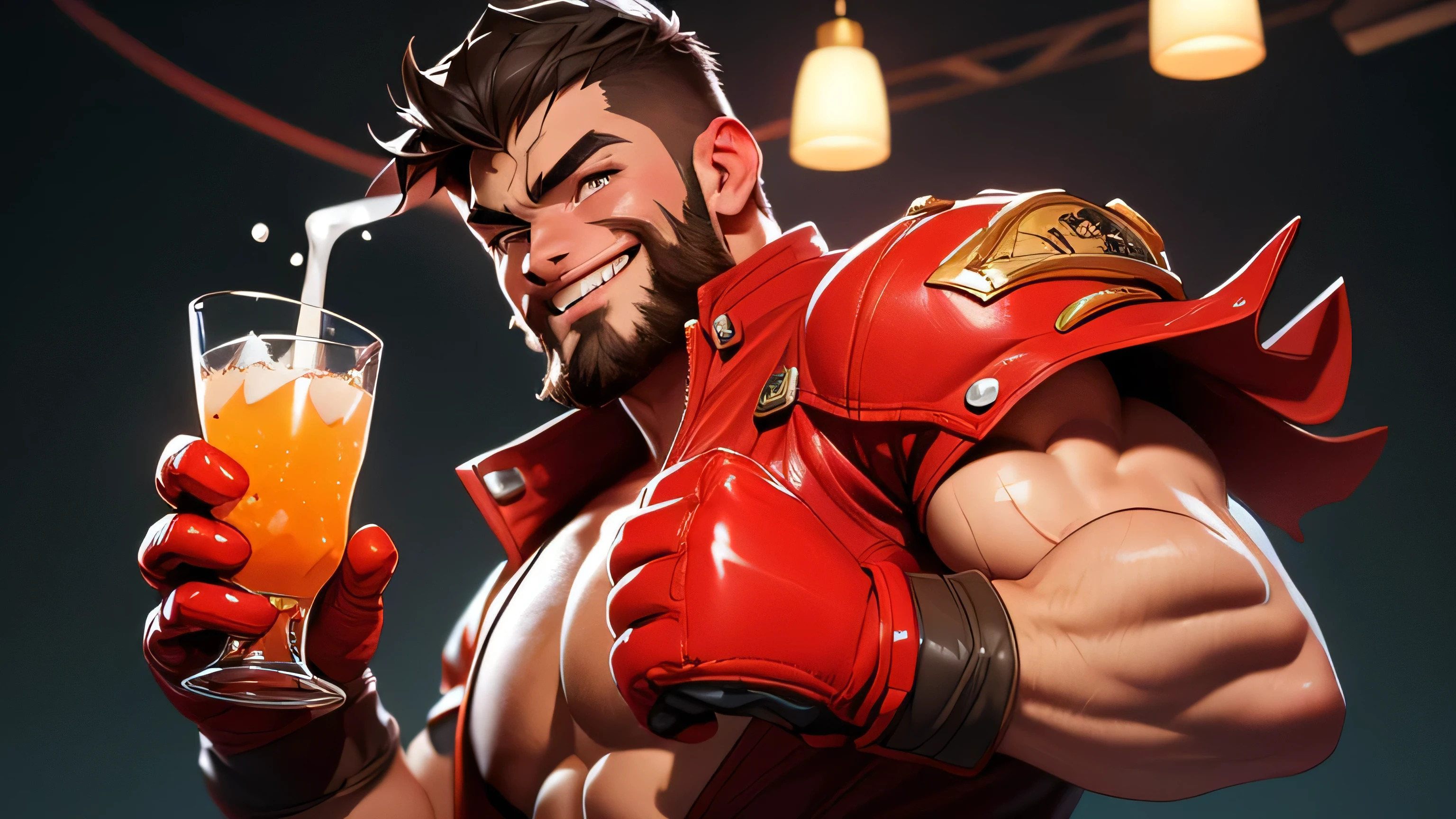 Boxer dynamic pose, red gloves, uppercut with a drink, black long beard, short hair, muscular big gut, smiling