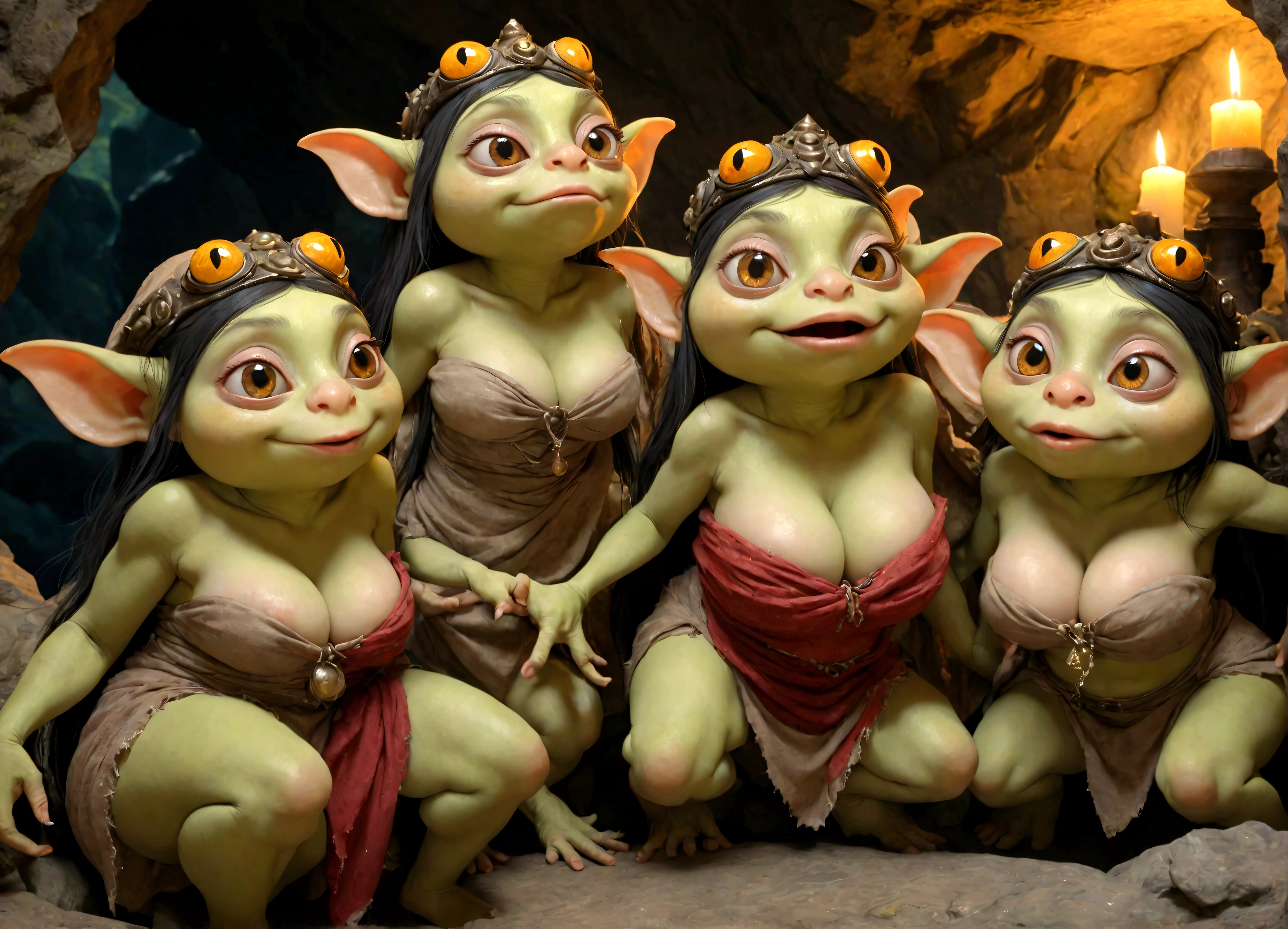 A goblin sized toad enjoys the adoration of several goblin women (hot ugly, mismatched eyes and breasts, big butts, ragged cloth tops and short skirts), slimy cavern