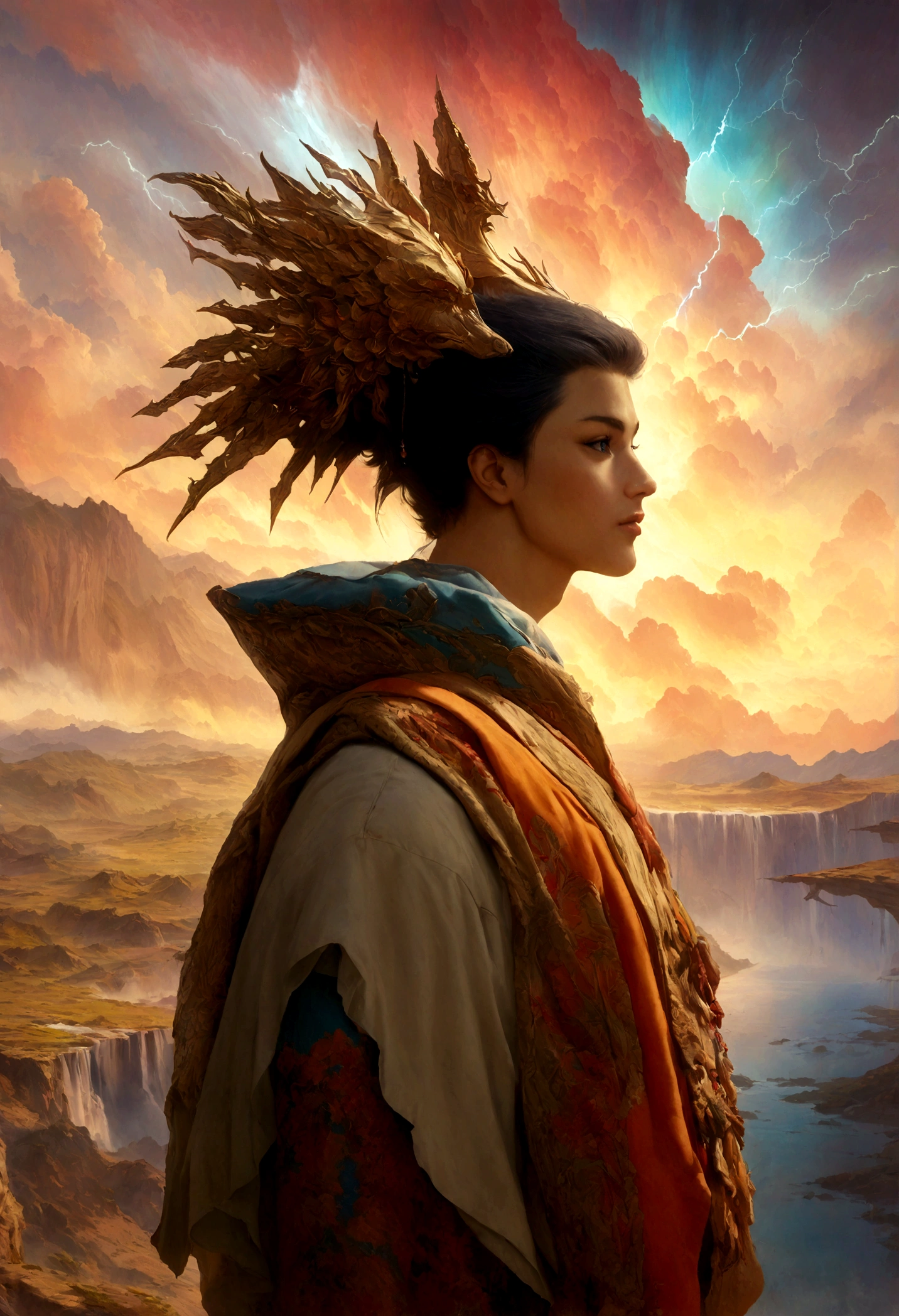 (Male: 1.1), black eyes, profile, oriental beauty, (masterpiece), best quality, Anime, merge, colorful, vibrant colors, illustration, artstyle, fantasy, realistic, animation, (photo_(medium):1.0 ), by Antonio J. Manzanedo, by Jeremy Lipking, lightning, in surreal landscapes, smooth, sharp focus