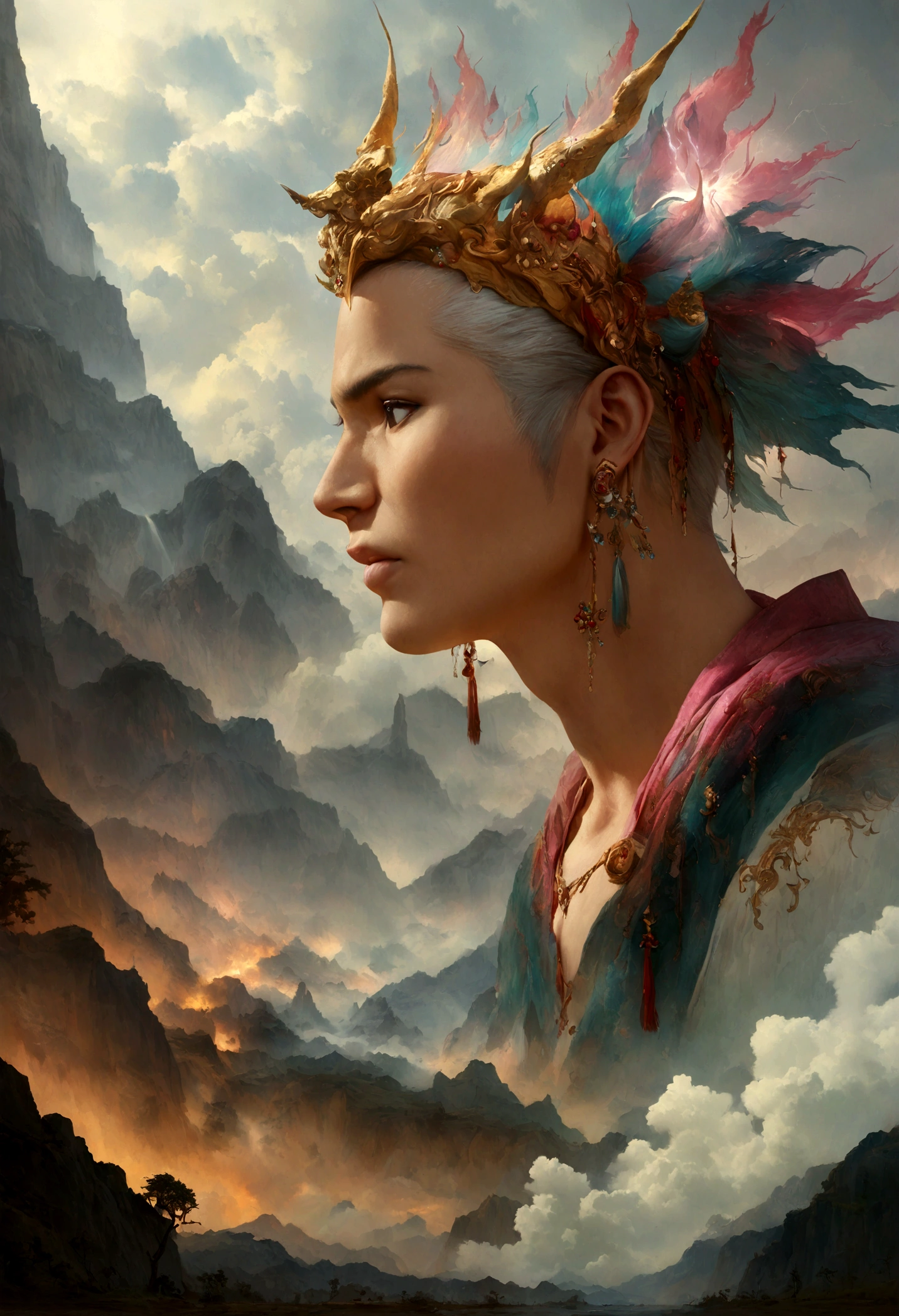 (Male: 1.1), black eyes, profile, oriental beauty, (masterpiece), best quality, Anime, merge, colorful, vibrant colors, illustration, artstyle, fantasy, realistic, animation, (photo_(medium):1.0 ), by Antonio J. Manzanedo, by Jeremy Lipking, lightning, in surreal landscapes, smooth, sharp focus
