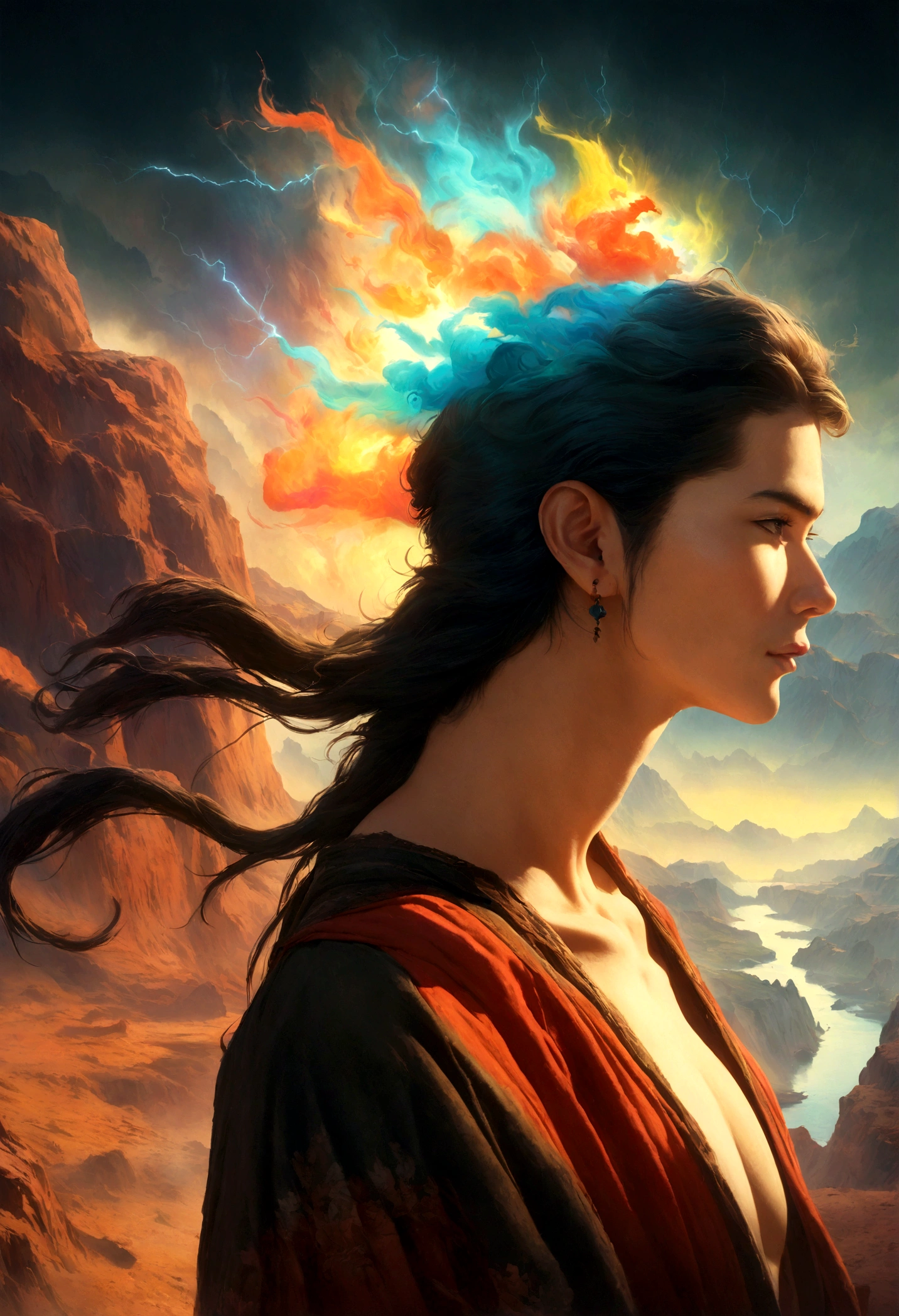 (Male: 1.1), black eyes, profile, oriental beauty, (masterpiece), best quality, Anime, merge, colorful, vibrant colors, illustration, artstyle, fantasy, realistic, animation, (photo_(medium):1.0 ), by Antonio J. Manzanedo, by Jeremy Lipking, lightning, in surreal landscapes, smooth, sharp focus