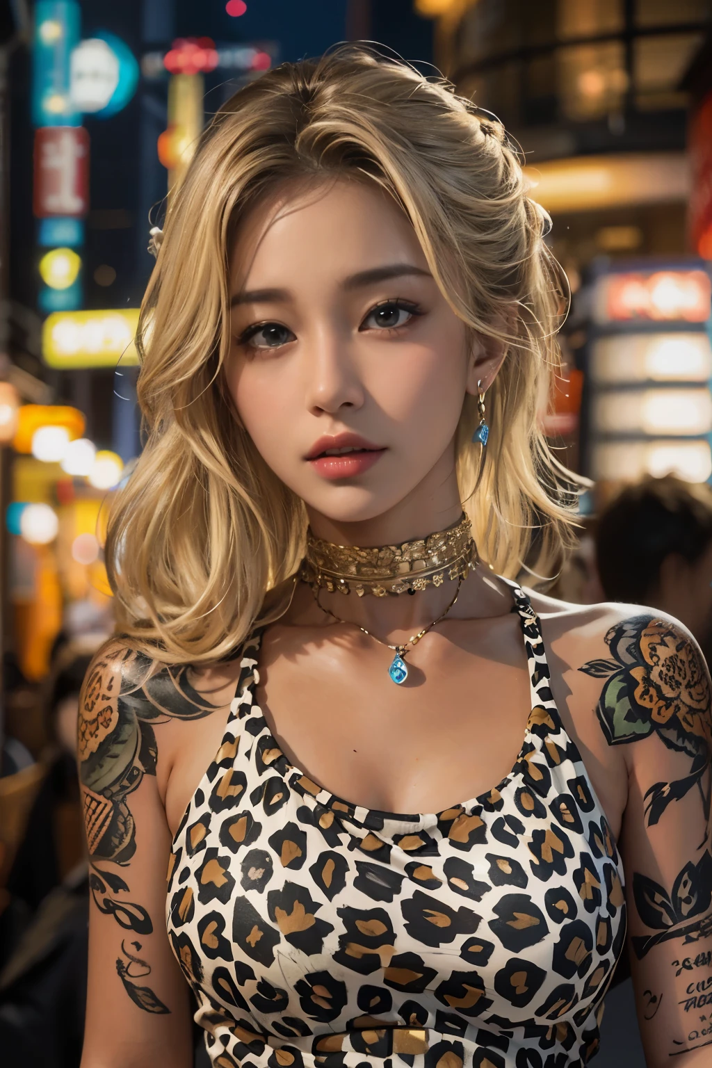 Realistic, High resolution, Soft Light,1 japanese young female, alone, Hip Up, Glowing Skin, (Detailed face),tattoo, Leopard print tight dress, night, Blonde Hair, Wavy Hair, spouse, Eyes that beckon, The spouse&#39;s perspective, Attractive look, Sexy smile, Perfect Style, Perfect balance, Fine skin, Naughty look, I can see your chest, huge firm bouncing bust, midnight city, Shinsaibashi Osaka Japan