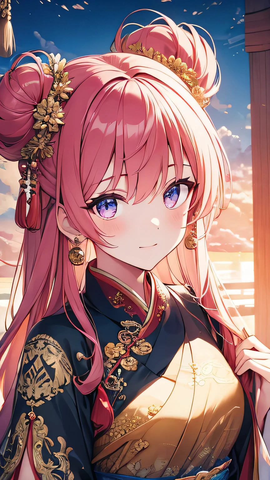 ((best quality)), ((masterpiece)), (detailed face and eyes), perfect face, accurate, textured skin, high details, highres, Yang Guifei, traditional Chinese costume, royalty, empress, luxury, pink hair, topknot