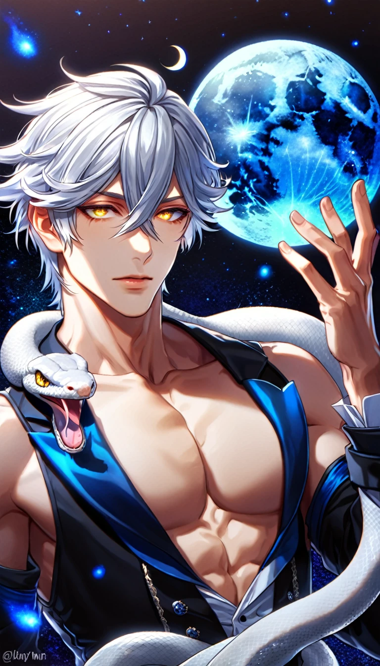 absurdres, highres, ultra detailed, HDR, master piece, best quality, Snake, white hair, hair between the eyes, expressive yellow eyes, kuroshitsuji, solo, sexy man, handsome, toned chest, black butler clothes, blue moon, starry, blue fireflies, blue flowers, magical, fantasy