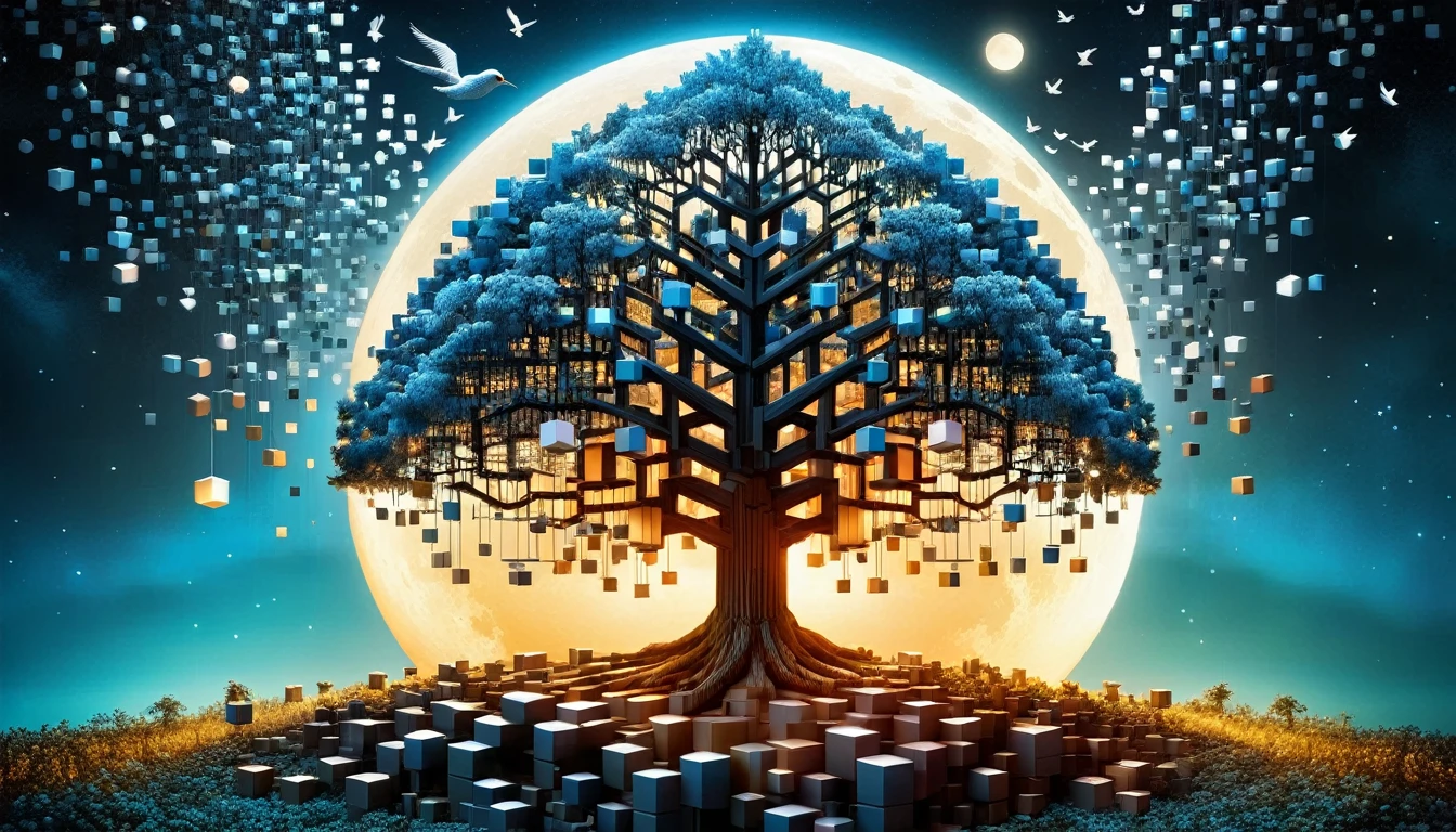 A large RAL-3D cube and a tree surrounded by the magical light of the moon々Many birds fly around,Deep in the enchanted forest