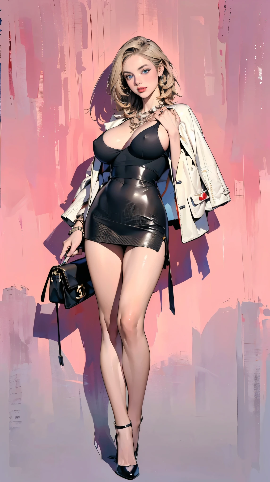 (Ultra-detailed, photorealistic, best quality, 4k,8k, highres, masterpiece:1.3), Featured is a 35-year-old Russian fashion model, ((who embodies the essence of mature allure, sophistication, and  appeal)), (((She boasts a statuesque height, complemented by an hourglass figure, a waist, elongated, toned legs, an ample, peachy derrière, a flat abdomen, and well-sculpted muscles, epitomizing the quintessential supermodel physique))), (She is adorned with platinum blonde hair), (striking blue eyes), ((and sun-kissed skin)), enhanced by vibrant, expressive makeup, (((Her perfectly round and perky  are of an impressive E cup size))), Often characterized as a trophy wife or a bimbo, (((she exhibits an exquisite outfit which includes a 'Neon-Trimmed Tweed Suit', a reinvention of Chanel's iconic tweed suit. This outfit features a form-fitting, dark metallic tweed jacket with vibrant neon trims. The collar and cuffs are highlighted with an additional layer of neon detailing. The jacket is paired with a matching mini skirt, offering a modern, youthful twist. She also wears 'Neon-Trimmed High Heels', a 'Metallic Statement Necklace', a 'Gemstone-Encrusted Bracelet', and a 'Designer Leather Handbag'))), (The sleek, form-fitting tweed suit in a dark, metallic obsidian color presents a striking contrast against her sun-kissed skin), She is portrayed posing provocatively in her outfit, (exceptionally detailed:1.3),, super finely detailed hands, ultra finely detailed fingers(((ten fingers))), (strutting confidently), (full body showcase), (show full body), (no logos in the background), (no logo).