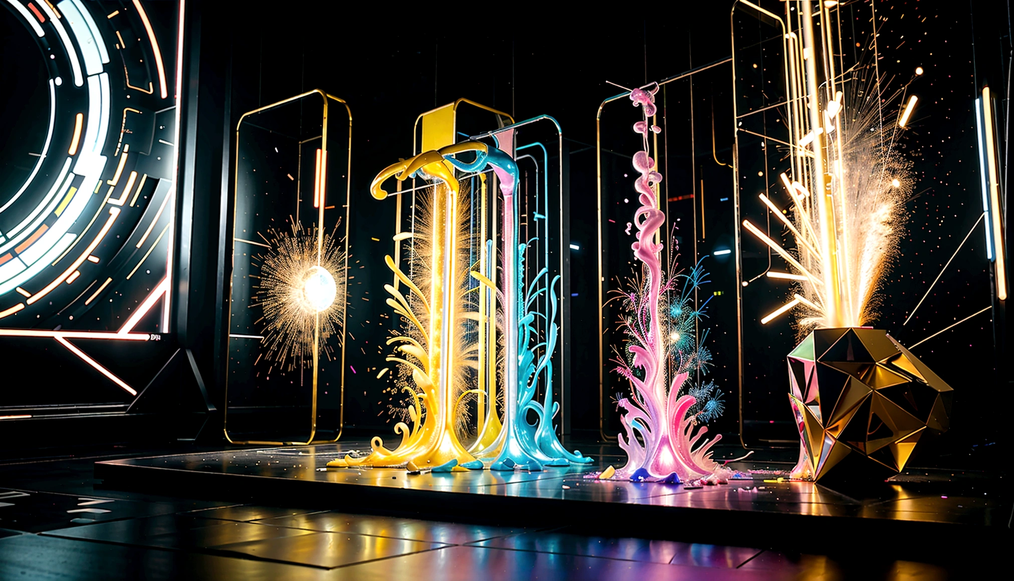 A highly detailed ink splash, fluid shapes, abstract flow, trendy poster, colorful futuristic gradient, geometric background, 3d fluid, (best quality,4k,8k,highres,masterpiece:1.2),ultra-detailed,(realistic,photorealistic,photo-realistic:1.37),award winning, intricate, cinematic lighting, volumetric lighting, dynamic composition, mesmerizing, vivid colors, stunning, hypnotic