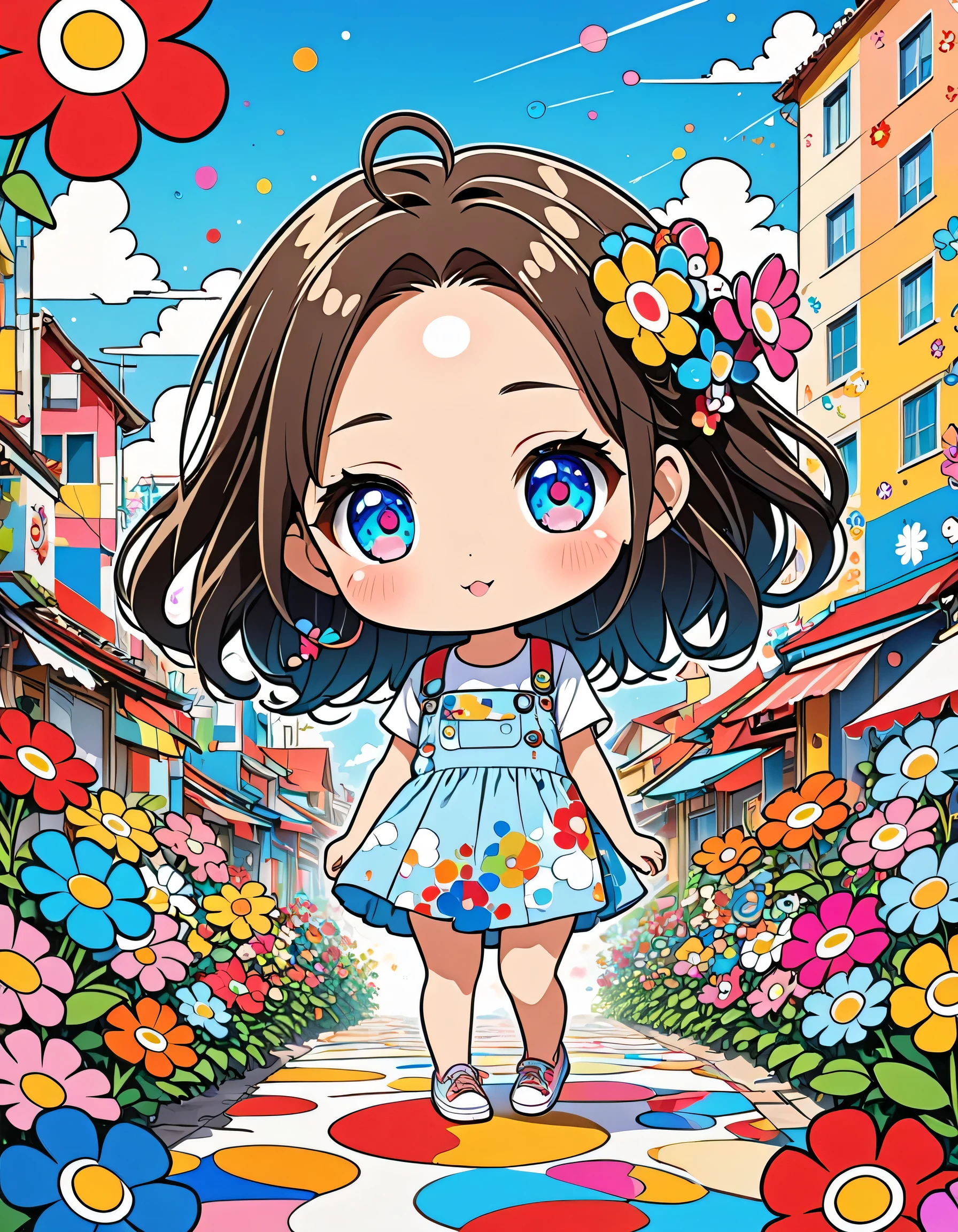 Takashi Murakami style, ，kawaii design, Simple Line Initialism，Abstract art， (((The most beautiful girl))), (((chibi))), summer vacation、Urban Background, colorful flowers