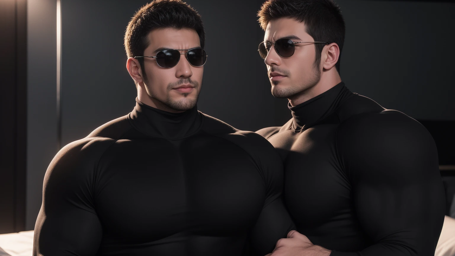 Super muscular man hugging, kissing and caressing, They hugged each other tightly on the soft sofa,Metallic sunglasses,Look at each other affectionately,They hugged each other affectionately,Buzz Cut,In the bedroom of a luxurious and noble mansion, Wear a dark khaki turtleneck with long sleeves, Thickened warm elastic texture,They look happy,Open your mouth,Smiling wickedly, Thick thighs, Messy hair, Thick thighs, Turtleneck Long Sleeve Dark Khaki Turtleneck Bodysuit, Very large feet wearing combat boots,very tight, Regular symmetrical pattern, Highlight muscles, Police uniform pants, Very large feet wearing combat boots,character concept(Resident Evil - Chris Redfield, Chris Redfield)A proud expression, Deep and charming eyes, Heroic male pose, tall Burly, muscular!muscular thighs, tough guy, perfect facial features, High, Burly, Heqiang, Super polished and cool, High Resolution Committee, Charismatic, The sun shines through the customers