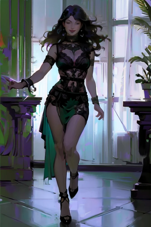 ((ultra realistic illustration:1.3)), (full body:1.4). Beautiful 24 yo woman of Irish descent. athletic figure,(pale:1.4)complexion. raven black hair, green eyes, cute butt, nice legs. Kind eyes,(joy:1.3),(smile:1.2). Mascara, smoky eye, choker, sheer lace lingerie, high heels. In bedroom. Flirty, seductive. Masterpiece, (highly detailed:1.2),(detailed face and eyes:1.2), 8k wallpaper, natural lighting. core shadows, high contrast, bokeh.