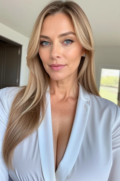 beautiful woman of 55 years old with blue eyes, with long hair blond, looking directly at the camera, with a natural makeup , very realistic, instagram selfie, at home, brown hair, big breasts, revealing cleavage, closeup, business attire, blouse and suit, film grain