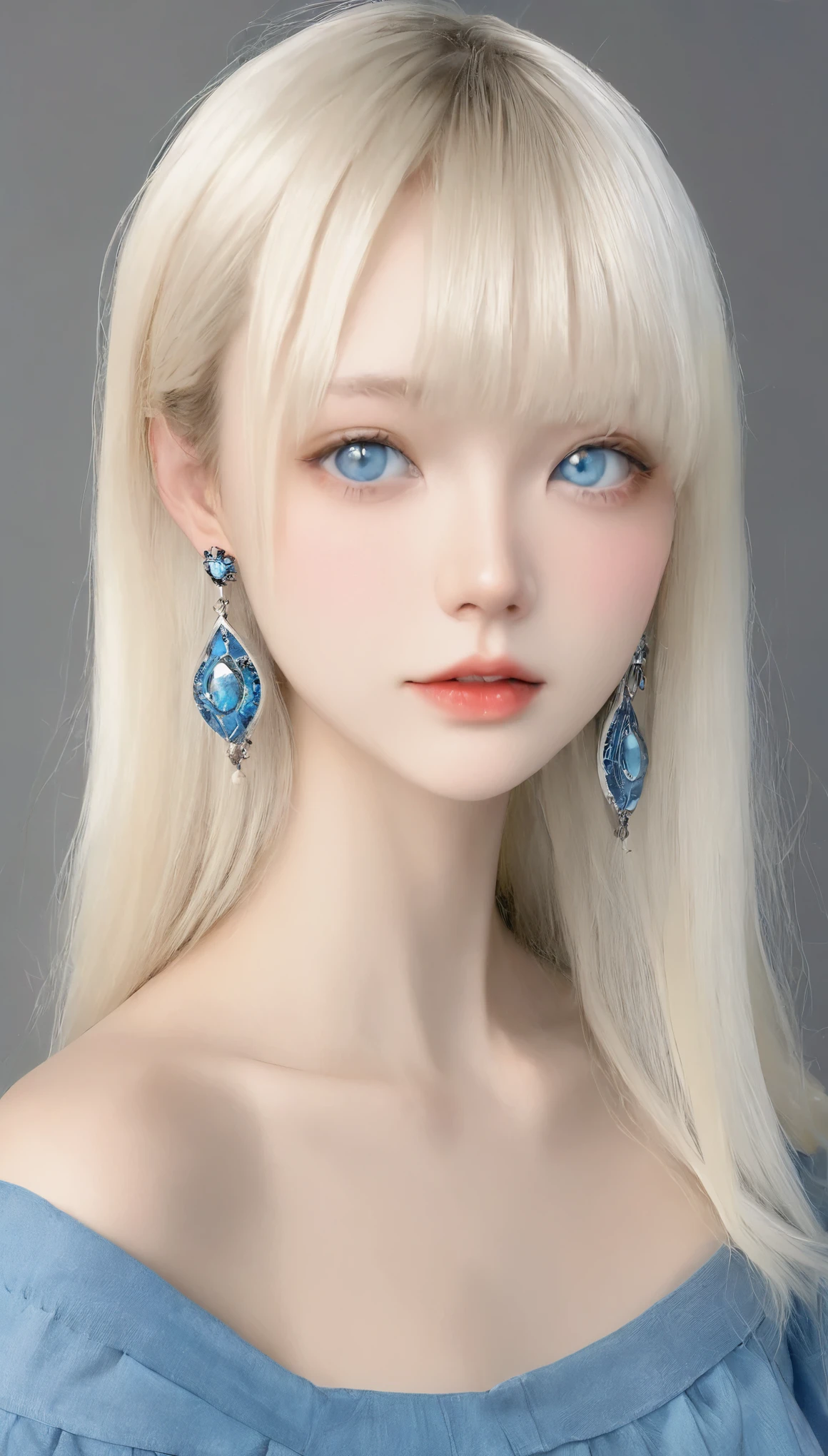 ((SFW: 1.4)), (( Detailed face, Cute Face, Detailed face,  Professional photography)), ((From the side)), (( Off-the-shoulder tops)), (( Shiny platinum blonde silk hair, beautiful shiny bangs, Big clear sky blue eyes, Very beautiful bright eye highlights, Earrings, 1 girl)), Ultra-high resolution, (Realistic: 1.4), RAW Photos, highest quality, (PhotoRealistic Stick), concentrated, Soft Light, ((15 years old)), (( (Young Face))), (surface), (Depth of written boundary), masterpiece, (Realistic), woman, bangs, ((1 girl))