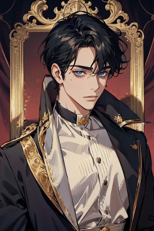 black hair, blue eyes, mole under eye, innocent, aristocratic, noble, prince, royalty, fancy clothes, naive, soft smile, short hair, royal clothes, red background
