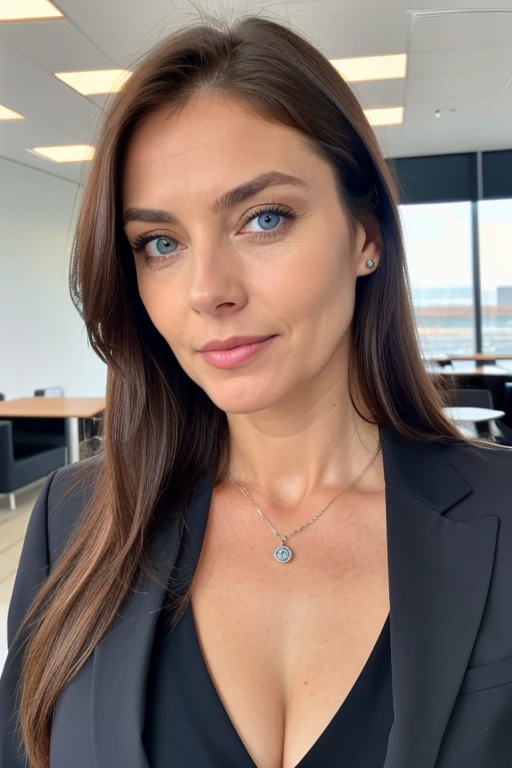 beautiful woman of 50 years old with blue eyes, with long hair, looking directly at the camera, with a natural minimal makeup , very realistic, instagram selfie, in a corporate cafeteria, brown hair, big breasts, revealing cleavage, business attire, blouse and suit, dark circles under eyes