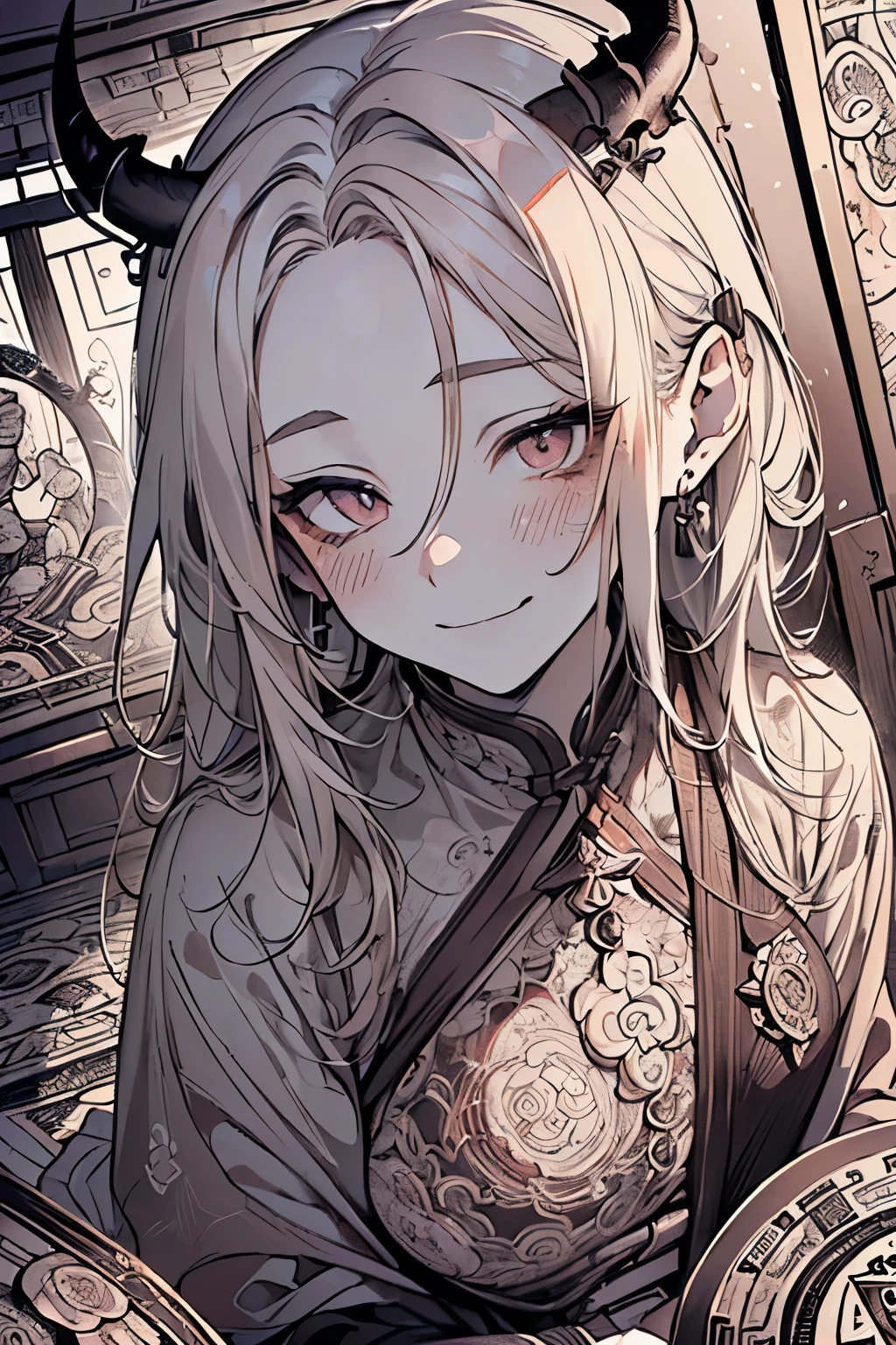 ,(((Adult male:1.3))),((half up half down hair:1.3)),(forehead mark),(NSFW:1.3),((Devil horns:1.2)),(Nihilistic smile:1.4),((blush、Excited face:1.2)),(Looking down from above、Looking down on:1.4),(low angle:1.5),((Sexy room:1.25)),((fortune teller:1.3))