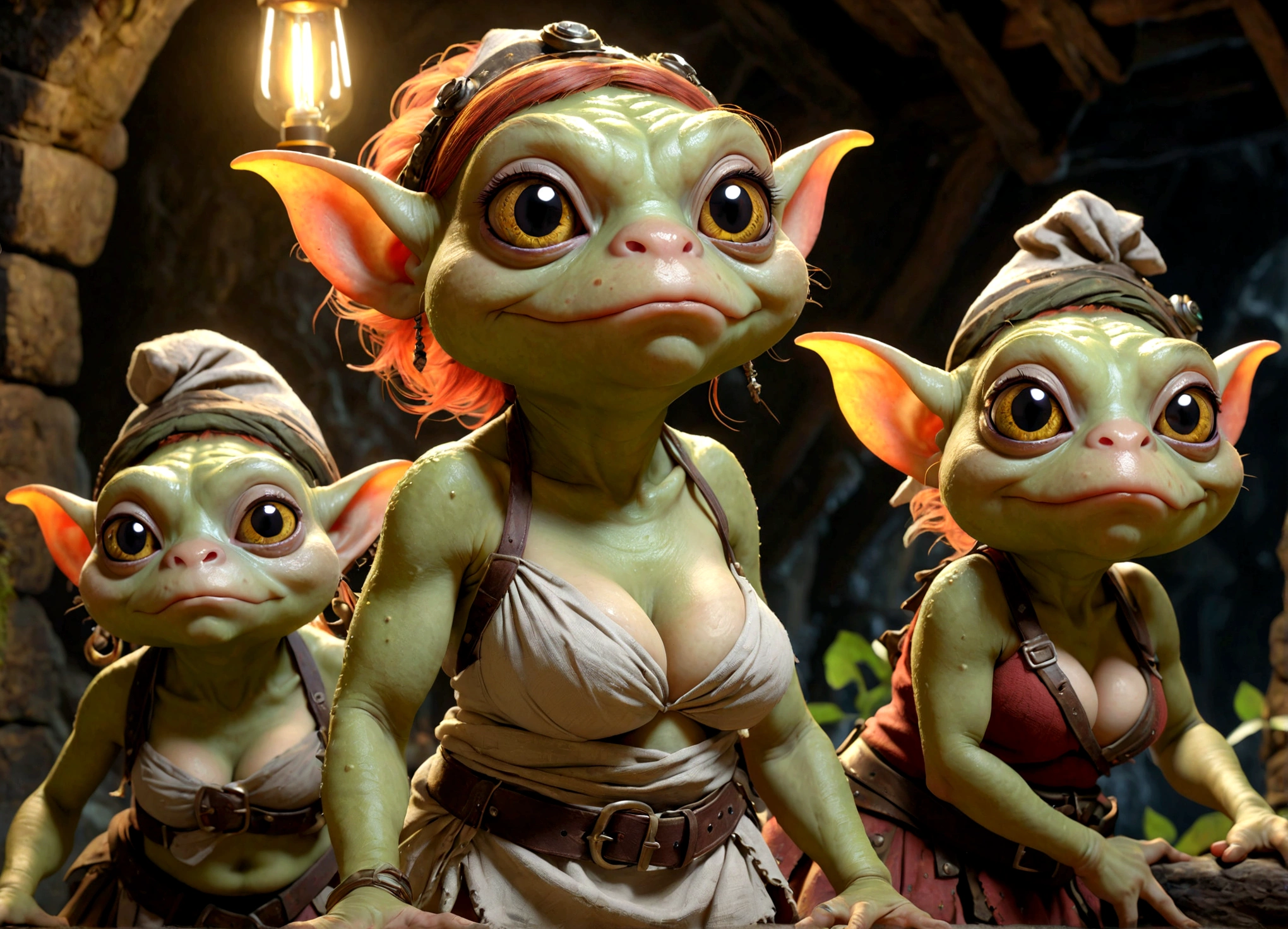 (multiple subjects)a (subject 1:goblin sized toad), (Subject 2: several goblin women, hot ugly, mismatched eyes, mismatched breasts, crazy hairstyles, big butts, ragged cloth tops, short skirts, safe for work), slimy cavern, best quality, 8k, highres, masterpiece, ultra-detailed, realistic, photorealistic, photo-realistic, HDR, UHD, studio lighting, ultra-fine painting, sharp focus, physically-based rendering, extreme detail description, professional, vivid colors, bokeh, horror

