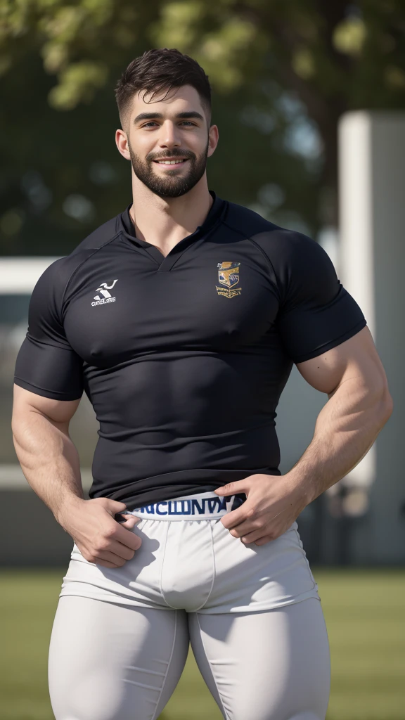 1 pale man rugby player ,Full body, sport tight pants, hard on bulge, vpl, rugby esportive uniform, Black wavy short hair fade , alluring large eyes, beard European 30yo man,large closed smile, (High shadow detail), wearing Calvin Klein rugby brands uniform, muscular chest, long legs, left neck look, neck tattoo, Wide shoulders, nice detailed hands, field rugby bokeh background, colorful vivid colors.