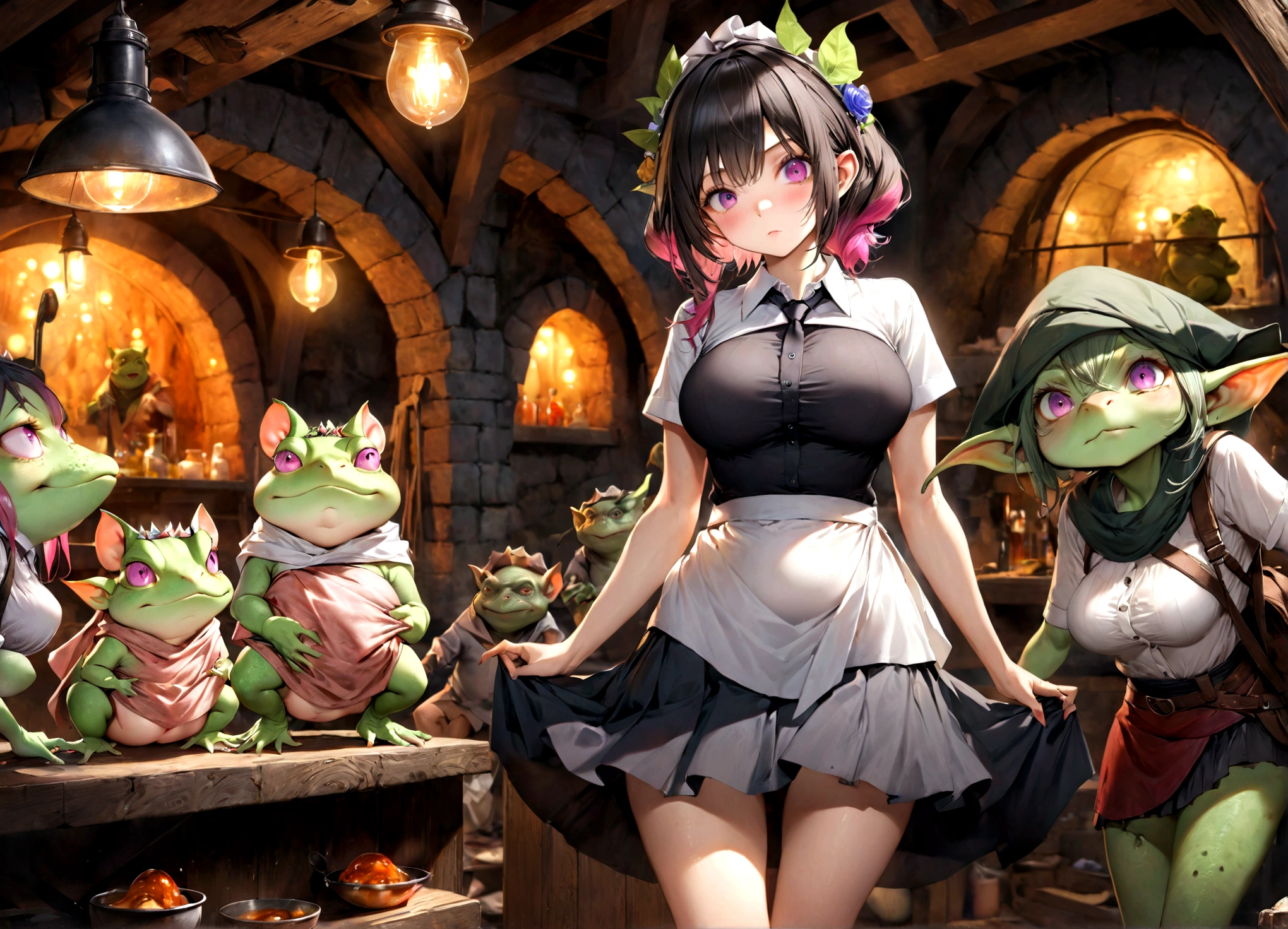 mksks style, detailed background, goblin girl, green skin, colored skin, black hair, short hair with long locks, blunt bangs, amber eyes, tsurime eyes, waitress, smug expression, upper teeth, fang, table, restaurant, beautiful 8k wallpaper, masterpiece, best quality