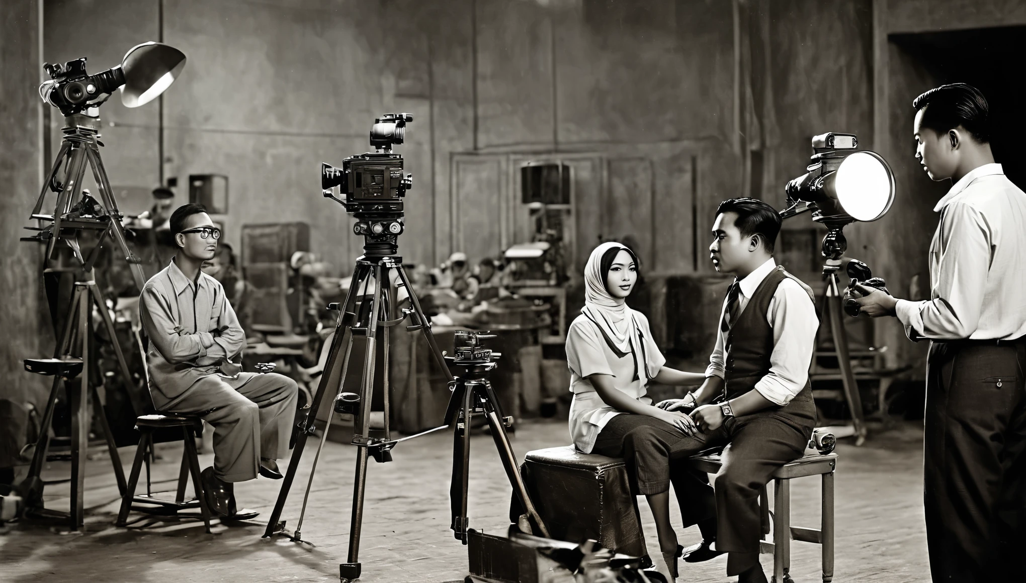 in 1930 malay film production ((behind the scene)), in set studios, romantic scene. cameraman using 1930s BNC 35mm film camera, a malay man ((film director)) ((back shot)), sitting on director's chair, give screenplay to the malay actor and malay actress background of studio film set, hyper realistic image, ultra wide angle, color film look ((wes henderson))((alexa Arri)).