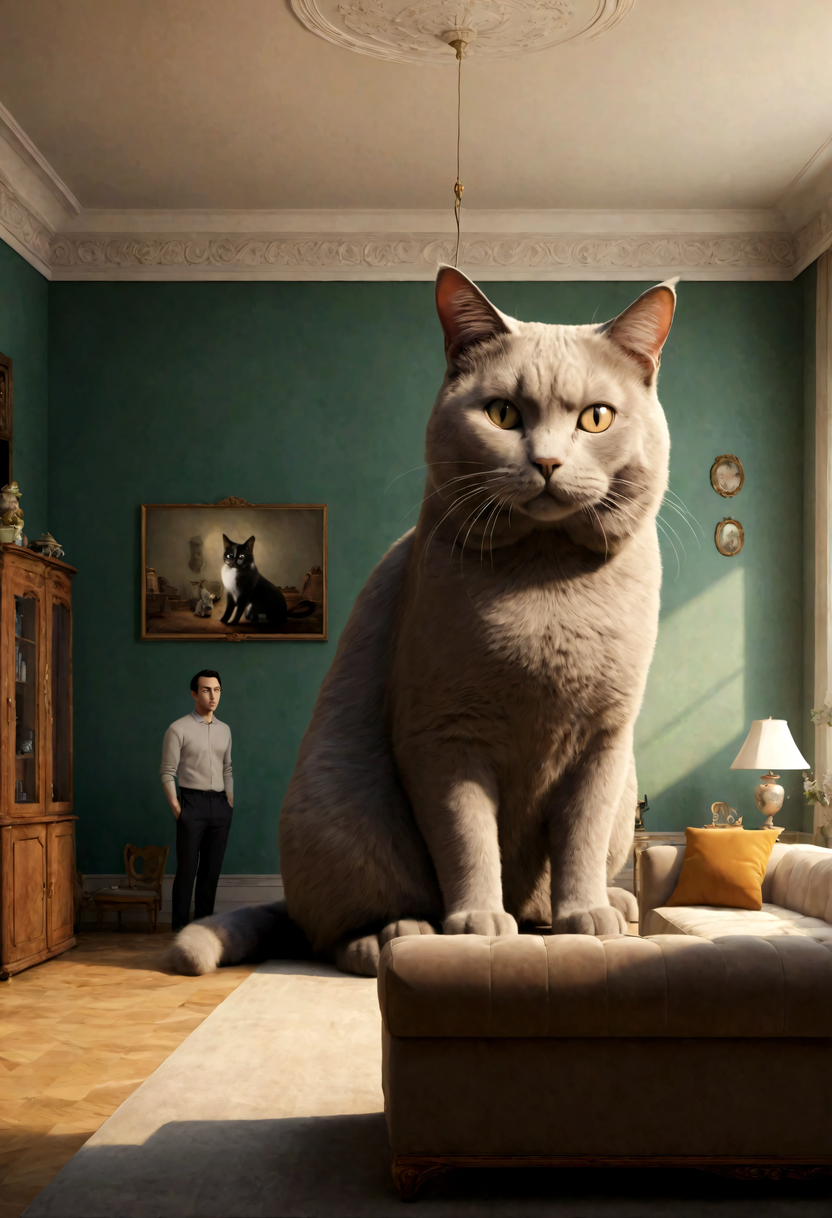 Giant cat in the room，indoor，living room，sofa，TV set，Look at the audience，Surrealism