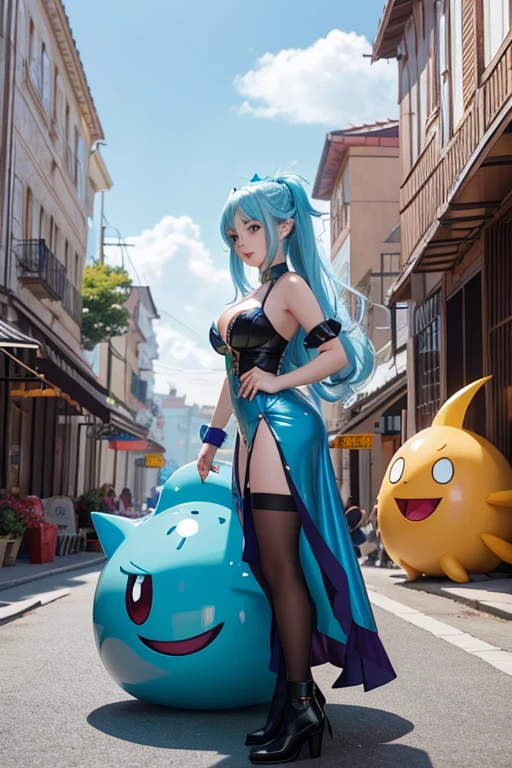 Girl with her pussy showing. Blue hair, shark outfit