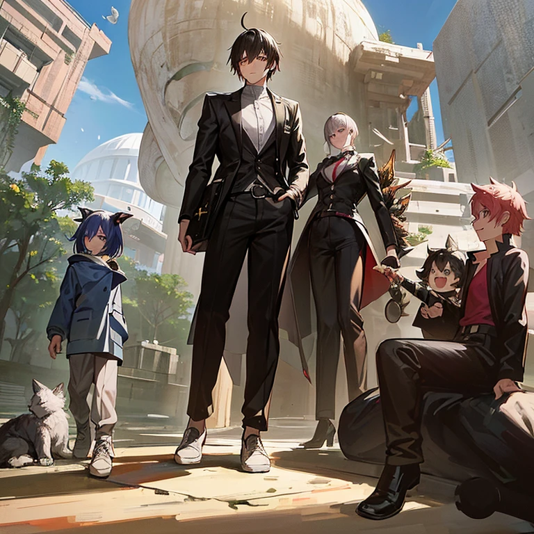 personagem anime sorrindo, cabelo branco, olhos azuis, 19 anos, black pants, jaqueta branca com detalhes pretos, corpo inteiro, musculos definidos, cabelo espetado, family of 7 playing with dragons and 3-meter cubs and adults,