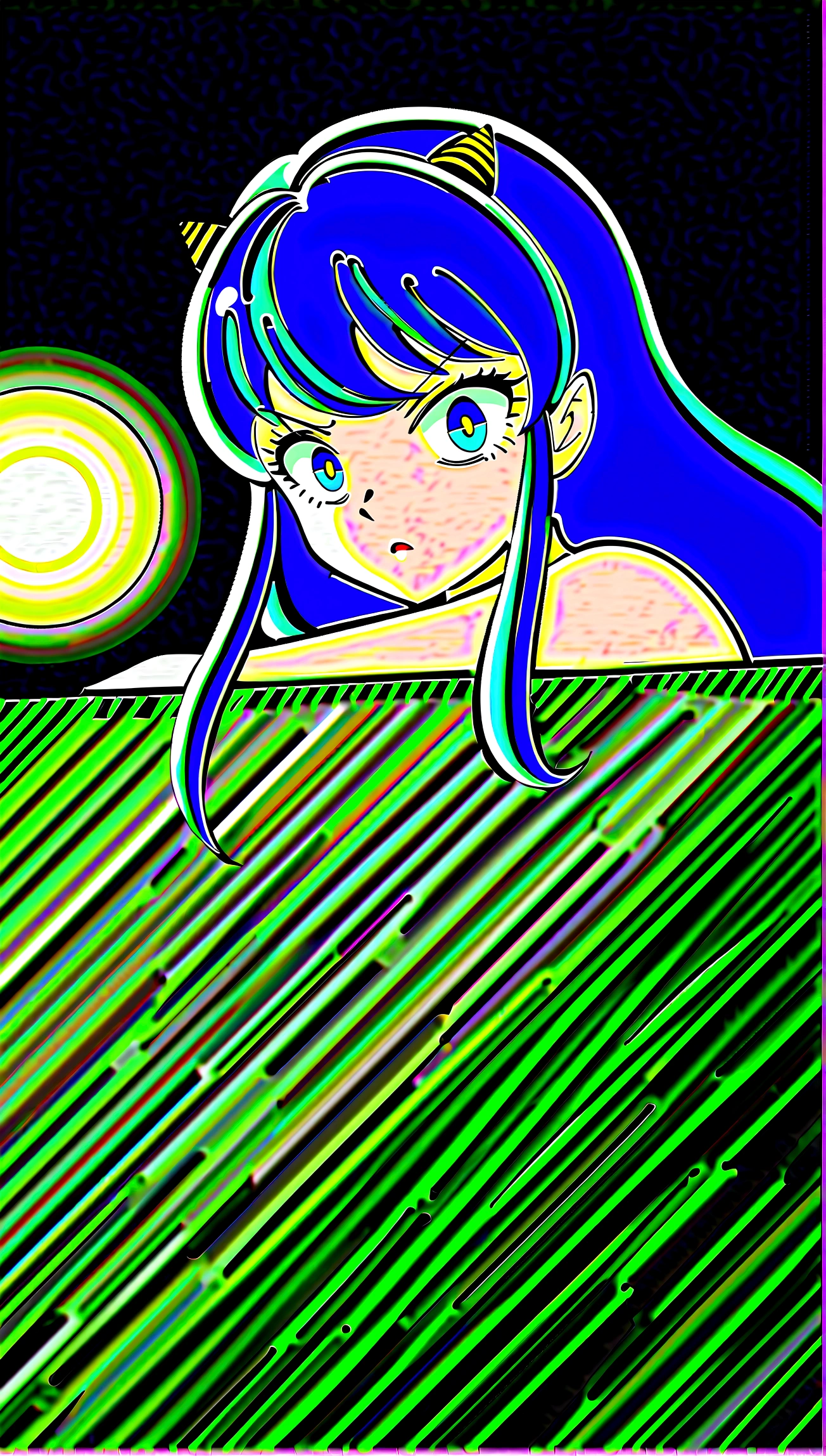 (score_9, score_8_up, score_7_up), lum, solo, long hair, breasts, dark blue eyes, eyeshadow, dark green hair, bangs, tiny tiger-stripped horns, aqua hair, tsundere, 4k, intricately detailed, source_anime, forest, abandoned ruins in the forest, sitting, sitting on a ruined step, dynamic pose, sexy pose, casting electrical spell, (Ball lightning in hand), evening, night, moonlight, ultra detail, detail eyes, detail face, good face, glamour, ray tracing, natural lighting, perfect lighting, perfect white balance, threatening, threatens the viewer, evil, horny, look at viewer,