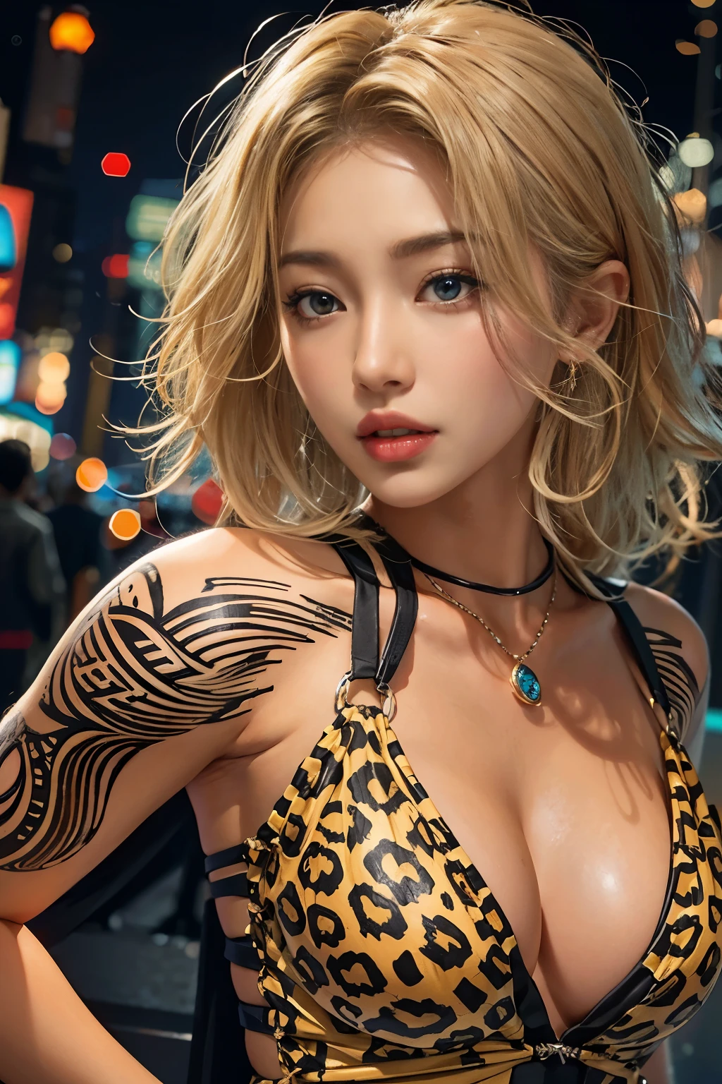 Realistic, High resolution, Soft Light,1 Japanese female, alone, Hip Up, Glowing Skin, (Detailed face),tattoo, Leopard print tight dress, night, Blonde, Wavy Hair, spouse, Inviting eyes, The spouse'Perspective, Attractive appearance, Sexy smile, Perfect Style, Perfect balance, Fine skin, Naughty look, I can see your chest, Large, firm, swaying bust, midnight city, Shinsaibashi Osaka Japan