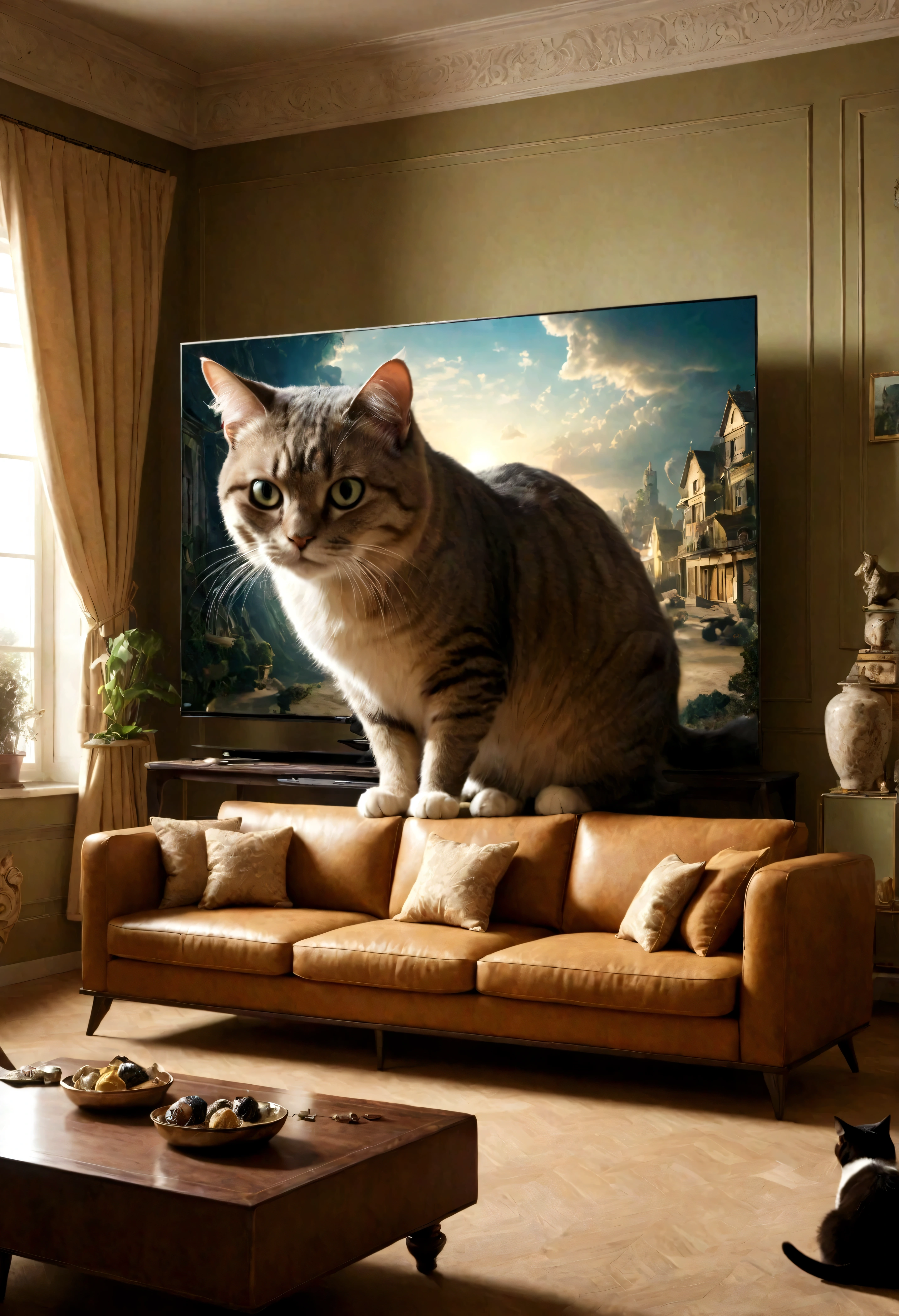 Giant cat in the room，indoor，living room，sofa，TV set，Look at the audience，Surrealism