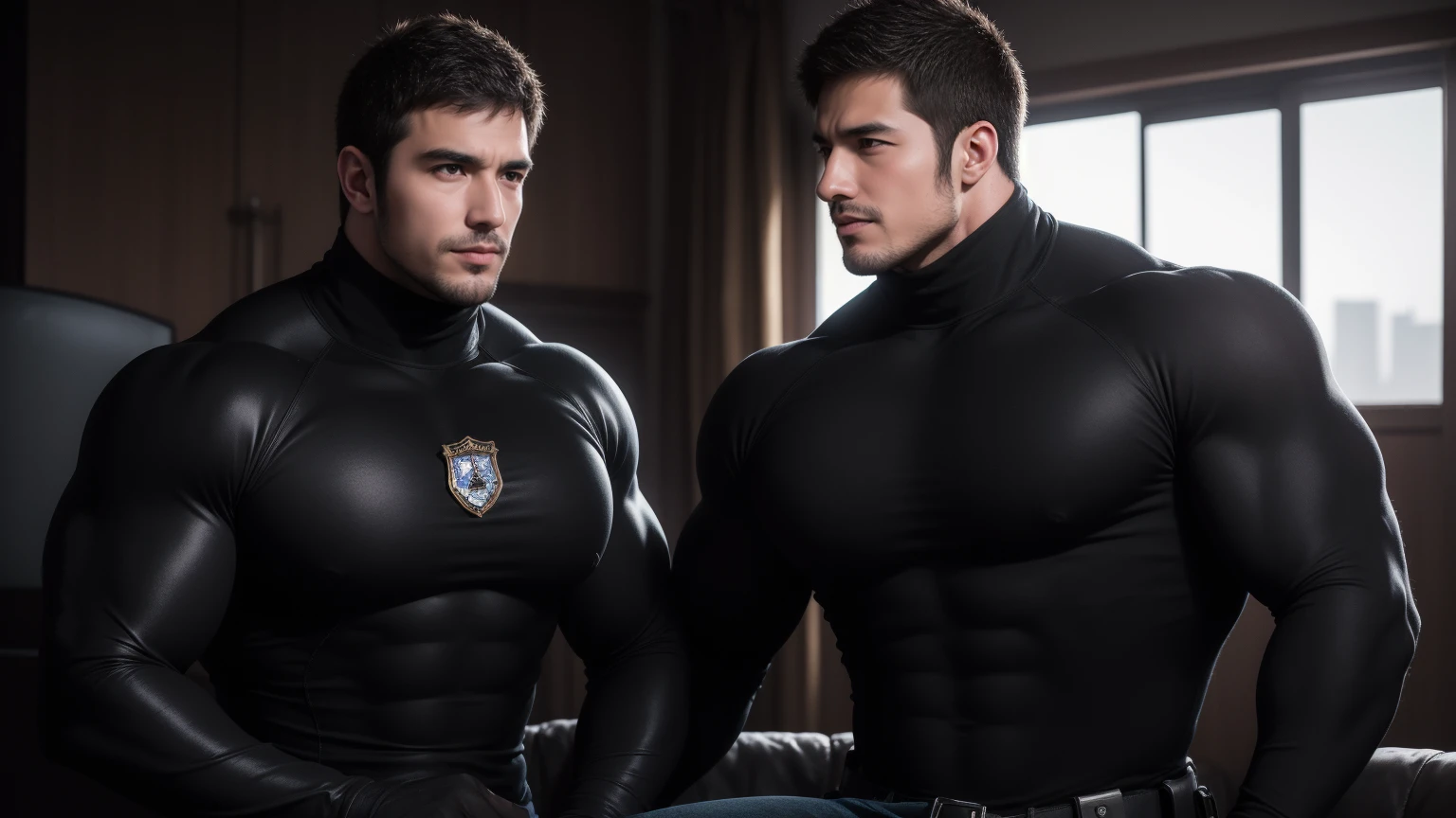 Super muscular man hugging, kissing and caressing, They hugged each other tightly on the soft sofa,Metallic sunglasses,Look at each other affectionately,They hugged each other affectionately,Buzz Cut,In the bedroom of a luxurious and noble mansion, Wear a dark khaki turtleneck with long sleeves, Thickened warm elastic texture,They look happy,Open your mouth,Smiling wickedly, Thick thighs, Messy hair, Thick thighs, Turtleneck Long Sleeve Dark Khaki Turtleneck Bodysuit, Very large feet wearing combat boots,very tight, Regular symmetrical pattern, Highlight muscles, Police uniform pants, Very large feet wearing combat boots,character concept(Resident Evil - Chris Redfield, Chris Redfield)A proud expression, Deep and charming eyes, Heroic male pose, tall Burly, muscular!muscular thighs, tough guy, perfect facial features, High, Burly, Heqiang, Super polished and cool, High Resolution Committee, Charismatic, The sun shines through the customers