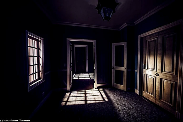 You can create a first-person perspective image with the following description: you find yourself in a dark room, the moonlight shines little through the window, hay un cadaver en una esquina junto a una pala y una cuerda, hay una puerta al este