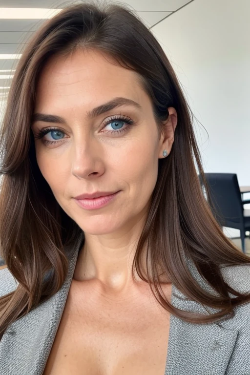 beautiful woman of 50 years old with blue eyes, with long hair, looking directly at the camera, with a natural minimal makeup , very realistic, instagram selfie, in a corporate cafeteria, brown hair, big breasts, revealing cleavage, business attire, blouse and suit, dark circles under eyes