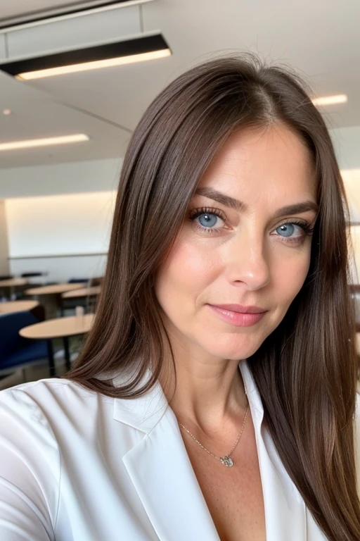 beautiful woman of 50 years old with blue eyes, with long hair, looking directly at the camera, with a natural minimal makeup , very realistic, instagram selfie, in a corporate cafeteria, brown hair, big breasts, revealing cleavage, business attire, blouse and suit, dark circles under eyes