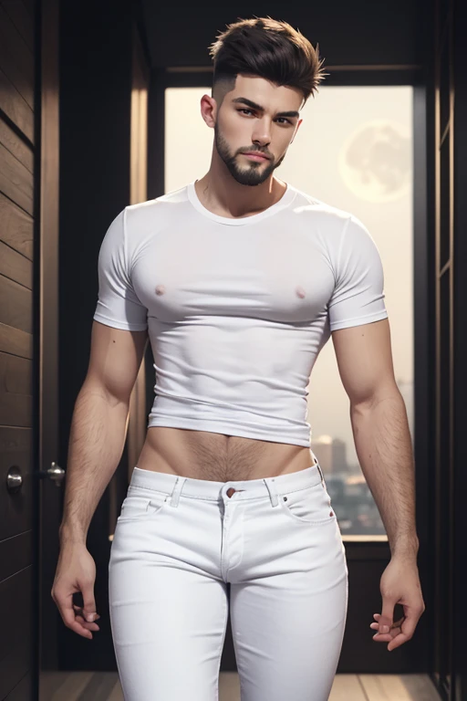 A young man, having long legs, thick thighs, large hips, thin and narrow weist, big large feminine breasts, wearing white jeans and formal t-shirt , very small spikey boyish haircut, big male reproductive organs, penis bulge,  beard, man, man, very wide hips , wide hips thin and narrow weist, small upper body , moon night 