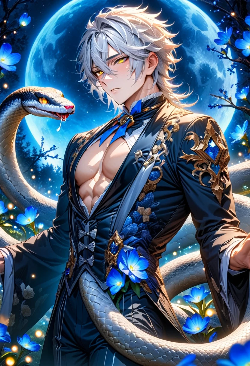 absurdres, highres, ultra detailed, HDR, master piece, best quality, Snake, white hair, hair between the eyes, expressive yellow eyes, kuroshitsuji, solo, sexy man, handsome, toned chest, black butler clothes, blue moon, starry, blue fireflies, blue flowers, magical, fantasy