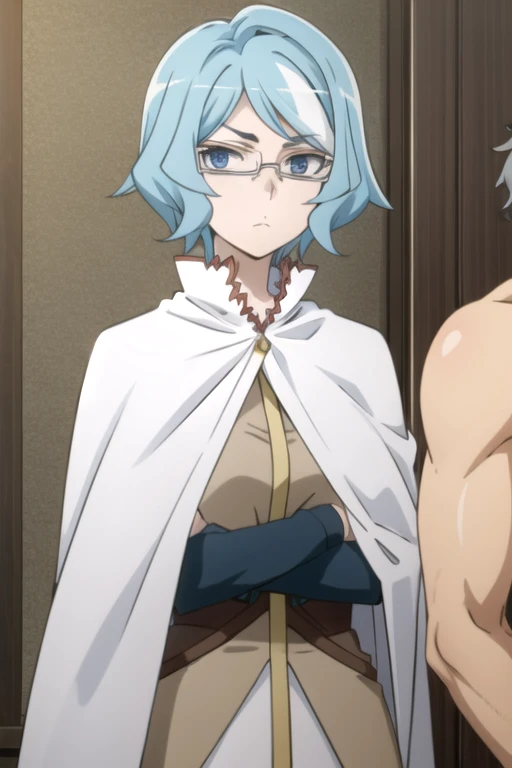 tall body, tall, long legs, mature female, mature, adult, eft_danmachi_blue, glasses, 1girl, female focus, solo, upper body, looking at viewer, frown, blue hair, blue eyes, grey hair, parody, short hair, white cape, closed mouth, expressionless, anime coloring