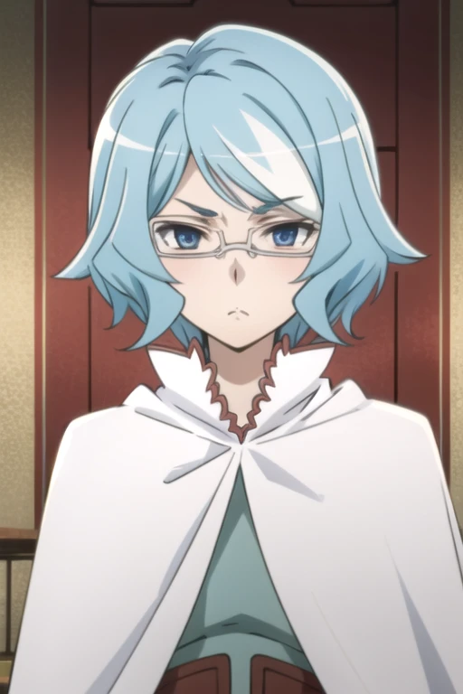 tall body, tall, long legs, mature female, mature, adult, eft_danmachi_blue, glasses, 1girl, female focus, solo, upper body, looking at viewer, frown, blue hair, blue eyes, grey hair, parody, short hair, white cape, closed mouth, expressionless, anime coloring