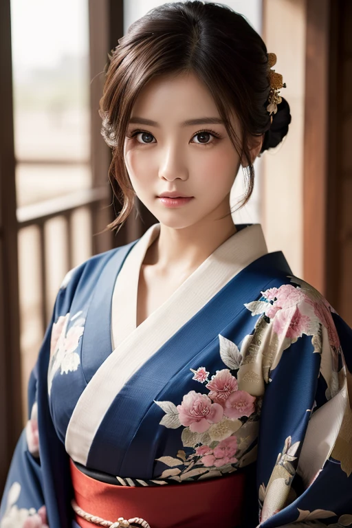 ((highest quality, 8k, masterpiece: 1.3)), Sharp focus: 1.2, (Super beautiful face: 1.0), (Shiny skin: 1.0), Realistic photos, Black Hair, Realistic students, Cinema Lighting, Highly detailed eyes and face, Cinema Lighting,  (Cowboy Shot: 1.0),  (kimono, In the same way, heart: 1.15),　(Cute Japanese Actress), Originally, classic kimono,