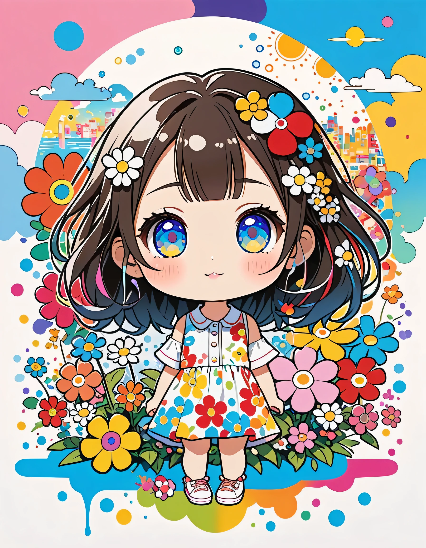 Takashi Murakami style, ,kawaii design, Simple Line Initialism,Abstract art, (((The most beautiful girl))), (((chibi))), summer vacation、Urban Background, colorful flowers, Dreams and Hopes